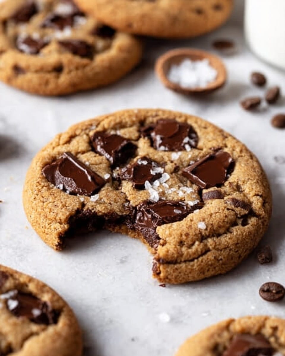 A close-up view of a round cookie on a white marbled surface, with a bite taken from the top left side revealing a soft, gooey, chocolate inside. The cookie's top layer is golden brown with a slightly cracked texture, and it is sprinkled with large chunks of dark chocolate and a few flakes of sea salt. Around the main cookie, there are other similar cookies and scattered coffee beans, adding detail to the scene. The lighting highlights the cookie's softness and the shine on the chocolate pieces. photo taken with an iphone --ar 4:5 --v 7