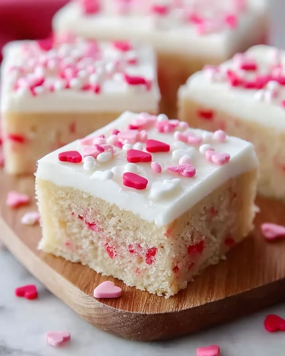A close-up image of a square piece of cake sitting on a white marbled surface, showing two main layers. The bottom layer is a thick, moist-looking yellow cake studded with red and pink candy pieces embedded inside and around the lower middle part. The top layer is a smooth, thick white frosting spread evenly over the cake. Scattered on top of the frosting are small, flat heart-shaped sprinkles in red, pink, and white colors. In the background, there are more similar cake pieces slightly out of focus. Photo taken with an iphone --ar 4:5 --v 7
