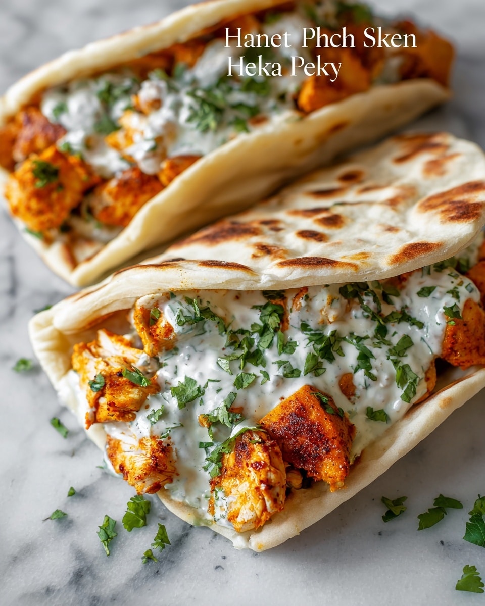 The image shows two soft white flatbreads stacked on the right side, folded slightly and resting on a white marbled surface. Each flatbread holds three large, glossy, orange-brown roasted chicken pieces at the center, covered with a thick drizzle of creamy white herby ranch sauce speckled with green herbs. Beneath the chicken, there are soft, cooked tomato chunks adding a reddish color. Fresh green chopped herbs are sprinkled on top of the chicken and sauce for a burst of color and freshness. The textures contrast between the smooth sauce, tender chicken, and fluffy flatbread under soft, natural lighting. photo taken with an iphone --ar 4:5 --v 7