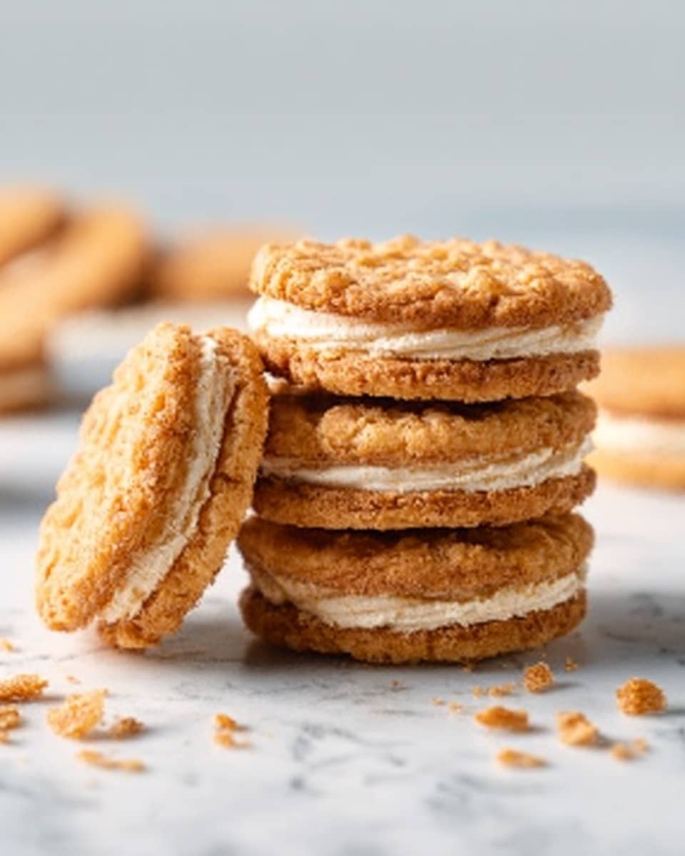 The image shows a stack of six round sandwich cookies with a crinkly, golden-brown top layer that looks slightly rough and crunchy. Each sandwich cookie has two thin cookie layers that are light brown and slightly crumbly, with a thick, creamy white filling in the center. Next to the stack, a woman's hand is gently touching one cookie that is leaning against the pile. The cookies rest on a white marbled surface with a soft, blurred background of glassware. photo taken with an iphone --ar 4:5 --v 7