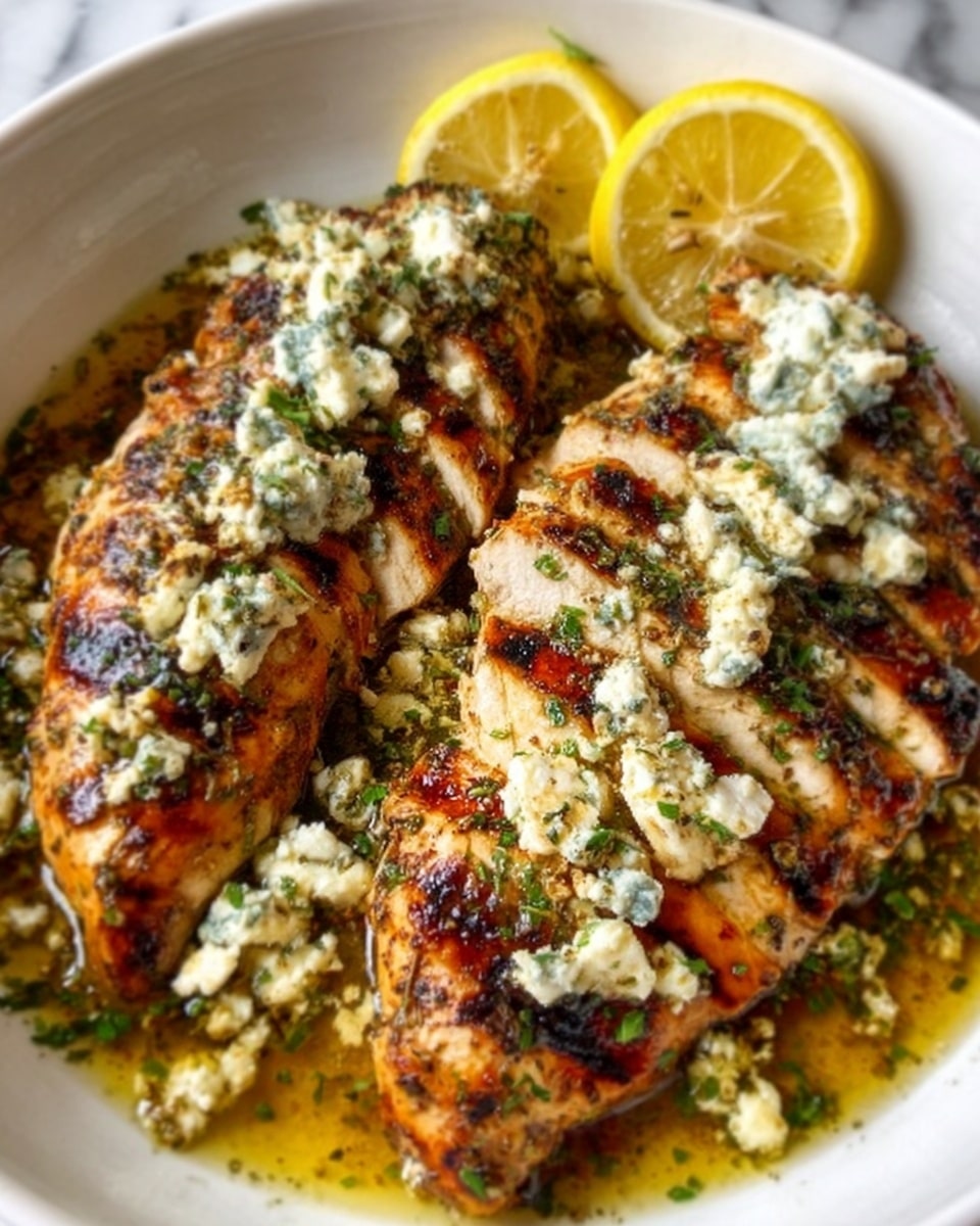 The image shows two grilled chicken breasts sliced and laid on a white bowl, with golden brown char marks on the skin. The chicken is topped with crumbled blue cheese and sprinkled with chopped fresh herbs. Around the chicken, there is a glossy layer of olive oil mixed with herbs and seasonings adding a shiny texture. Two lemon slices rest on the edge of the bowl, adding a bright yellow color contrast. The bowl is set on a white marbled surface. photo taken with an iphone --ar 4:5 --v 7