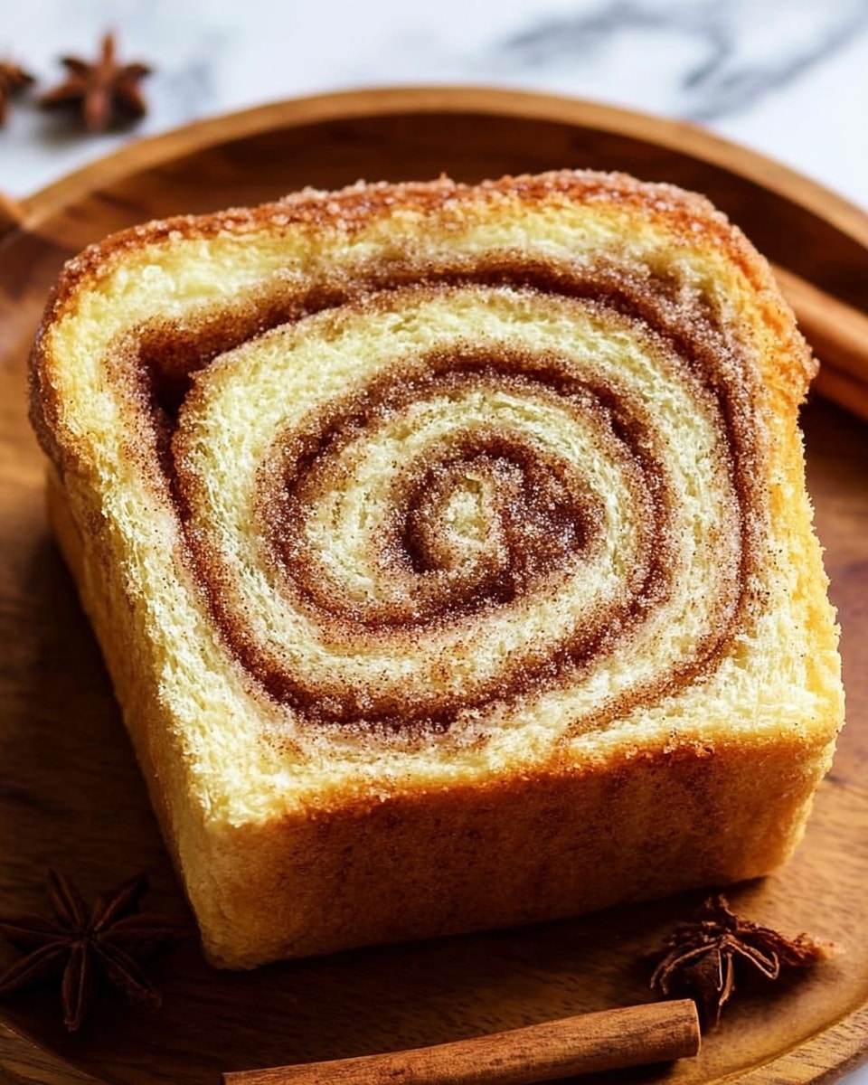A single square slice of cinnamon swirl bread, showing two main layers: a thick, light yellow bread base and a spiral layer of cinnamon sugar running through the center, forming a swirled pattern from the middle to edges with a slightly glossy texture. The outer crust is a darker golden brown with a rough texture, and the cinnamon layer has a granular, sugary look with darker brown and light specks. The bread slice is placed on a wooden tray with cinnamon sticks next to it on a white marbled surface. Photo taken with an iphone --ar 4:5 --v 7