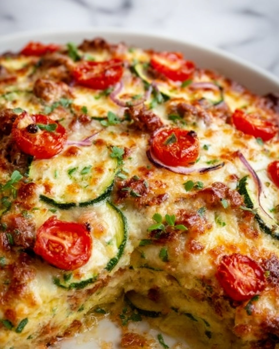 A close-up image of a baked dish with three visible layers: the bottom layer is a golden brown crust with a slightly crispy texture; the middle layer consists of thin, round slices of green zucchini and red cherry tomatoes scattered evenly; the top layer is a mix of melted cheese with bubbly golden spots and small bits of browned meat, garnished with a few slices of red onion and fresh green herbs. The dish is served on a white plate, with the background showing a white marbled texture. The photo taken with an iphone --ar 4:5 --v 7
