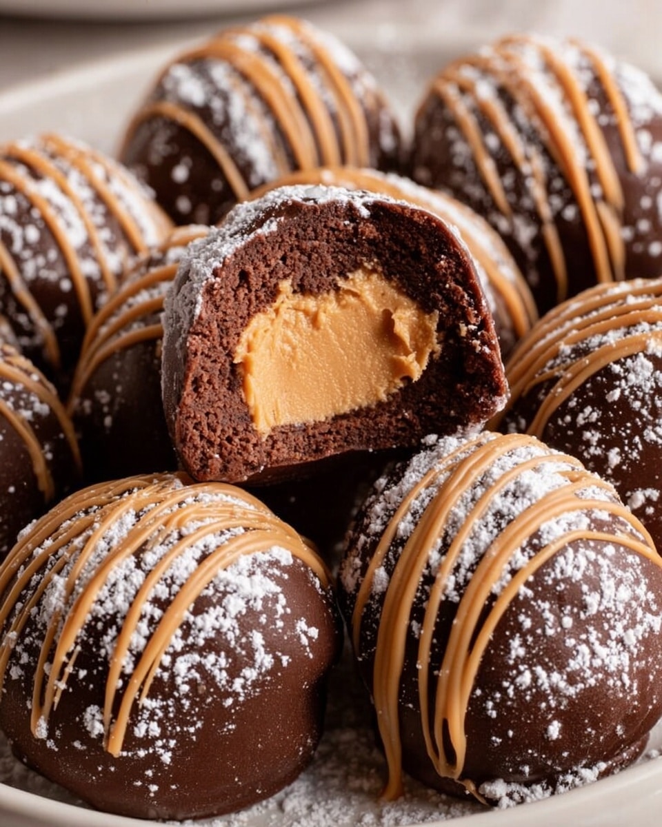 The image shows several round chocolate truffles arranged closely on a white marbled surface. Each truffle has a dark chocolate outer shell with a dusting of white powdered sugar that gives a slightly rough texture. On top of each truffle, there are neat, vertical drizzles of smooth caramel-colored sauce which adds a shiny, creamy contrast. One truffle is cut open in the front, revealing a soft, creamy peanut butter filling inside with a smooth texture and light orange color, surrounded by the dark, dense chocolate shell. The overall look is rich and inviting, showcasing both the smooth and textured elements clearly. photo taken with an iphone --ar 4:5 --v 7