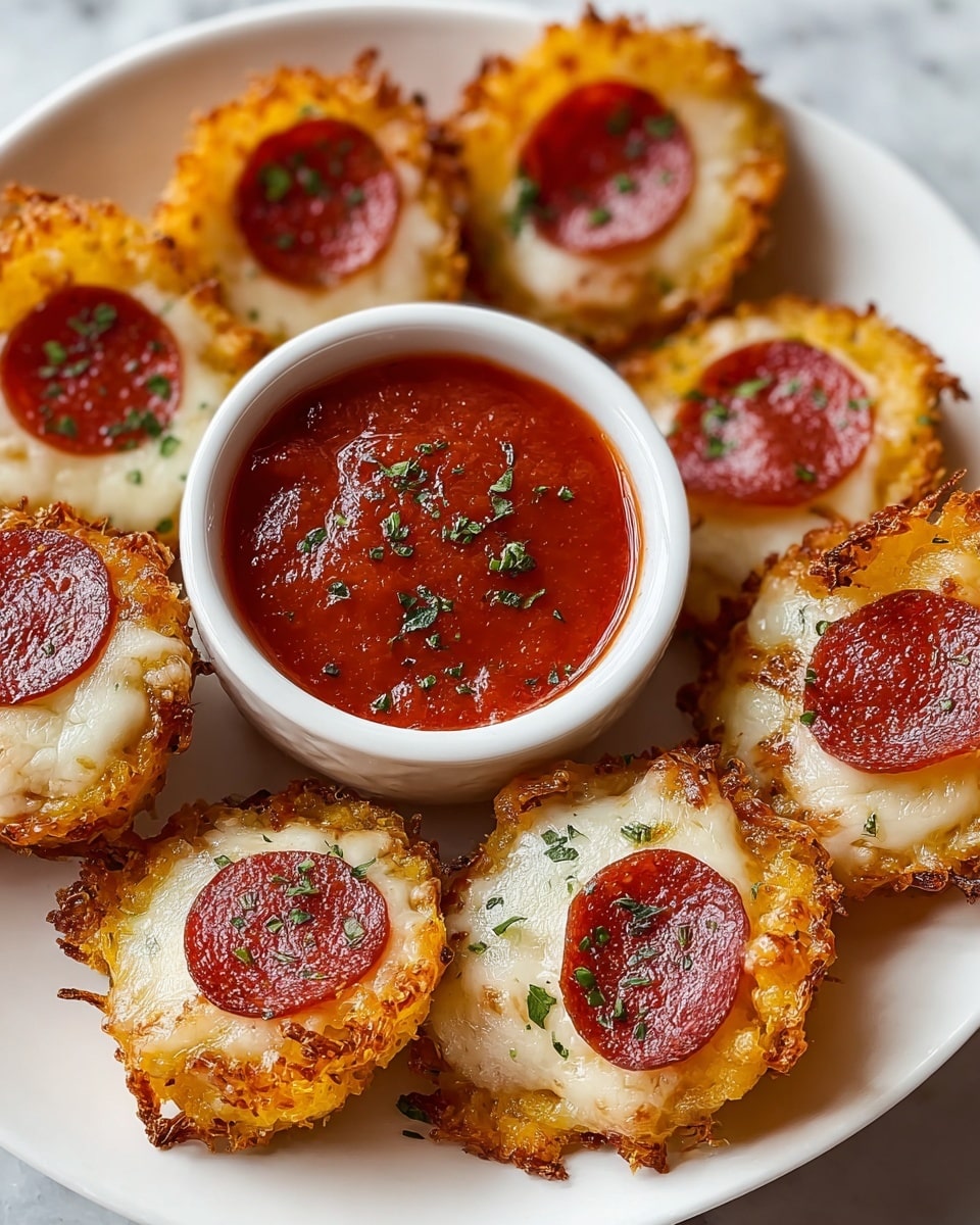 The image shows a white plate filled with small, round mini pizzas that have golden, crispy edges and are topped with melted white cheese and a single piece of bright red pepperoni in the center of each. The pepperoni slices are sprinkled lightly with green herbs. In the middle of the plate is a small white bowl filled with red marinara sauce that also has green herb sprinkles on top. The plate is placed on a white marbled surface, creating a clean and fresh background. photo taken with an iphone --ar 4:5 --v 7