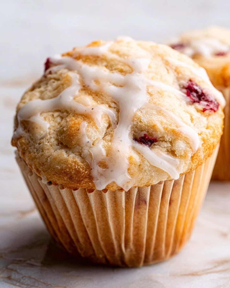 The image shows a close-up of a single muffin with a rough, golden-brown top and white icing spread unevenly over it. There are small patches of red berries or jam peeking through the icing, adding a splash of color. The muffin is wrapped in light brown parchment paper and sits on a white marbled surface, softly lit to highlight its texture. The background contains part of another muffin blurred slightly. photo taken with an iphone --ar 4:5 --v 7