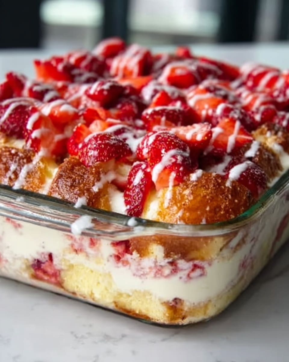A clear glass baking dish filled with a layered dessert showing three main layers: the bottom layer is a golden baked bread or cake with a soft texture, the middle layer is creamy white with bits of red fruit mixed in, and the top layer is fresh, bright red strawberries cut into halves and quarters, with a light drizzle of white glaze or icing over the strawberries. The glass dish sits on a white marbled surface. Photo taken with an iphone --ar 4:5 --v 7