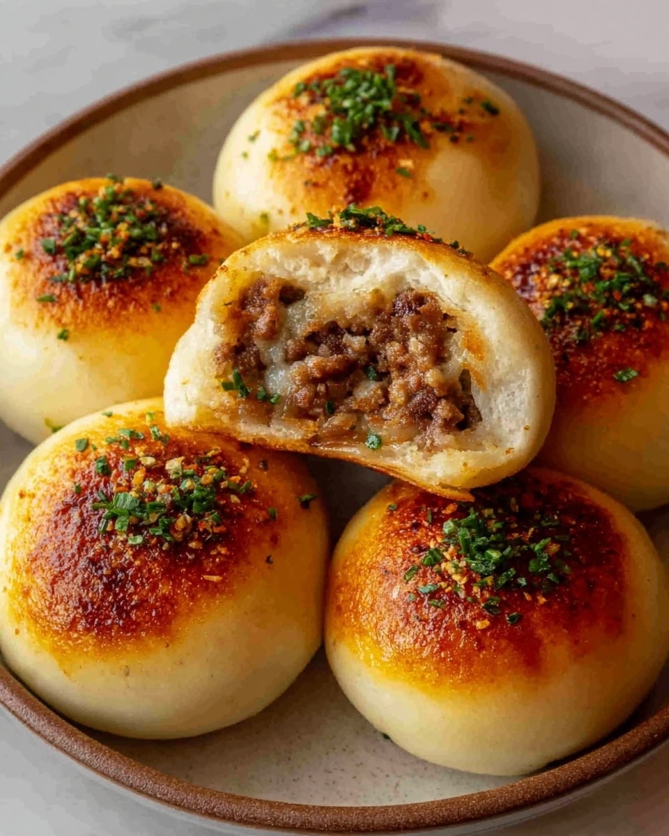 The image shows five round, golden-brown buns arranged closely on a white plate. Each bun has a slightly shiny, toasted top with a crispy texture and is sprinkled with small pieces of chopped green herbs. One bun is cut open, showing a soft, fluffy inside with a mixed minced meat filling that looks juicy and seasoned. The buns have a smooth, plump surface with some uneven browning that gives a fresh-baked feeling. The plate sits on a white marbled texture surface. Photo taken with an iphone --ar 4:5 --v 7
