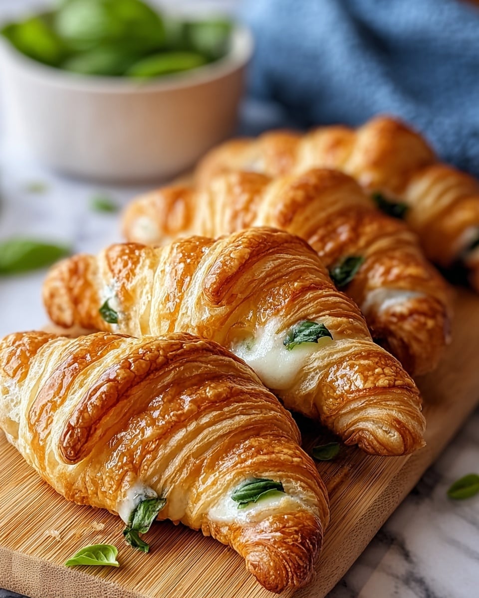 The image shows a close-up of three golden-brown croissants lined up on a light wooden board. Each croissant is filled with visible layers of melted white cheese and green basil leaves peeking out between the flaky, crisp curls of pastry. The croissants have a shiny, slightly textured finish indicating freshness and flakiness. In the background, there is a small white cup filled with more green basil leaves, partially blurred. The scene is set on a white marbled surface with a touch of blue fabric under the wooden board. Photo taken with an iphone --ar 4:5 --v 7