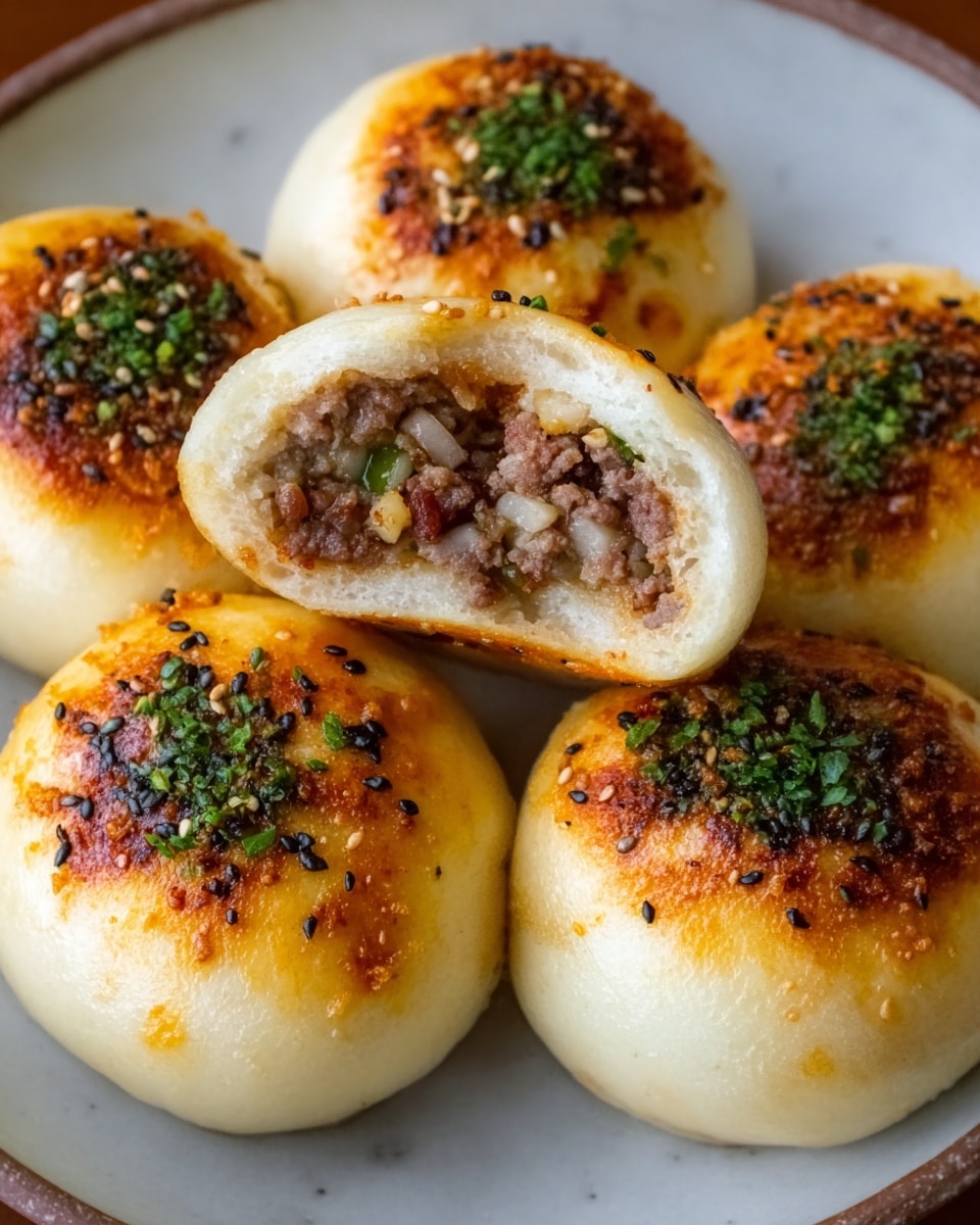 The image shows a close-up of six golden brown buns with a shiny, slightly crispy top, each sprinkled with green herbs and sesame seeds. One of the buns is cut open, revealing a filling of minced meat mixed with small bits of green and orange vegetables. The buns are placed together in a round white bowl, sitting on a white marbled surface. The buns have a soft, fluffy texture inside and a glossy, firm crust outside. photo taken with an iphone --ar 4:5 --v 7