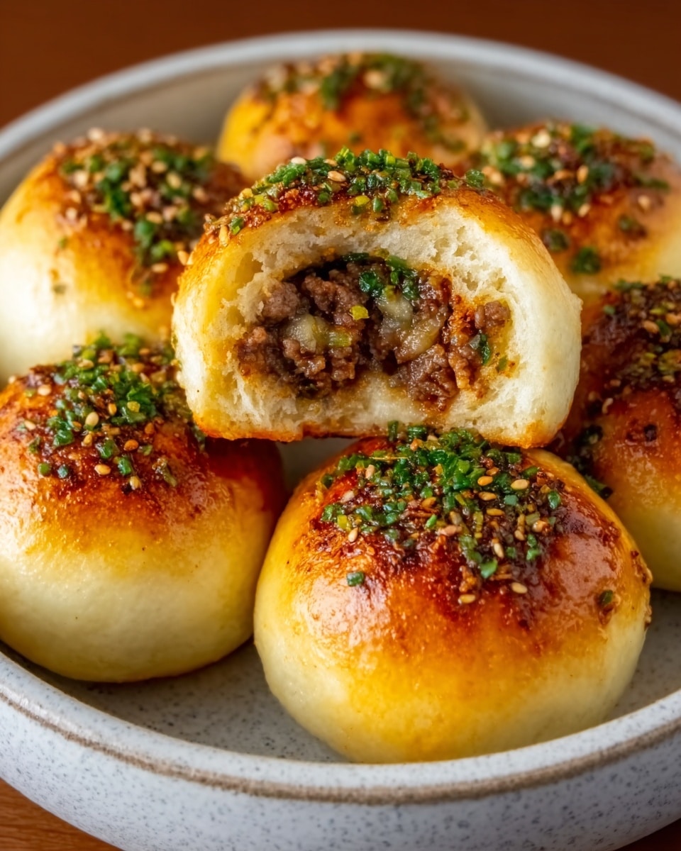 The image shows five round stuffed buns placed closely together, each with a golden-brown top sprinkled with green herbs and black sesame seeds. One bun is cut in half, revealing a soft, fluffy white inside and a filling made of finely chopped cooked meat with some green pieces scattered through it. The buns have a smooth, slightly shiny surface with a few small browned spots, and they rest on a white plate on a white marbled surface. The photo taken with an iphone --ar 4:5 --v 7