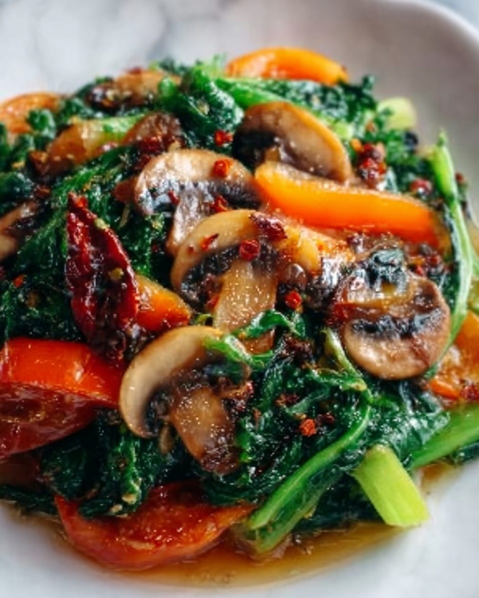 The image shows a close-up of a white plate filled with a colorful vegetable stir-fry. The dish has multiple layers: at the bottom, there are sautéed green leafy vegetables with a slightly shiny texture, layered with orange bell pepper slices that are soft and slightly translucent. There are also cooked mushroom slices that look brown and tender, mixed throughout. Everything is coated in a light, glossy sauce, with small bits of dark red seasoning or sauce spread unevenly over some parts. The background is a white marbled texture. Photo taken with an iphone --ar 4:5 --v 7