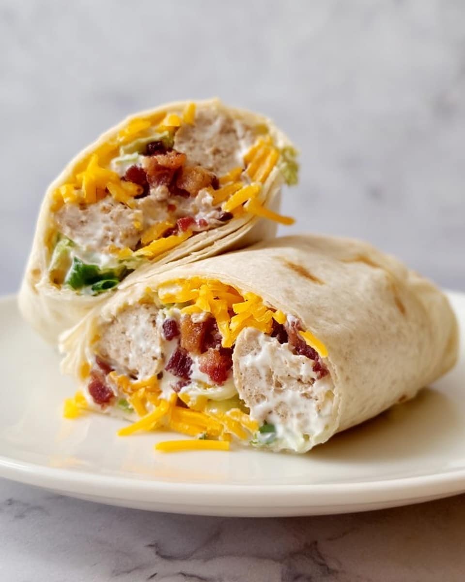 Two halves of a wrap are placed on a white plate with a white marbled surface. Each half has three clear layers inside: at the center, a light beige sausage-like filling with a soft texture; below it, some small pieces of dark red bacon mixed with a creamy white sauce and small green bits; on top, bright orange shredded cheddar cheese. The wrap itself is a soft, light beige tortilla, folded around the fillings. The photo is close-up and softly lit, showing details of all layers clearly. Photo taken with an iphone --ar 4:5 --v 7