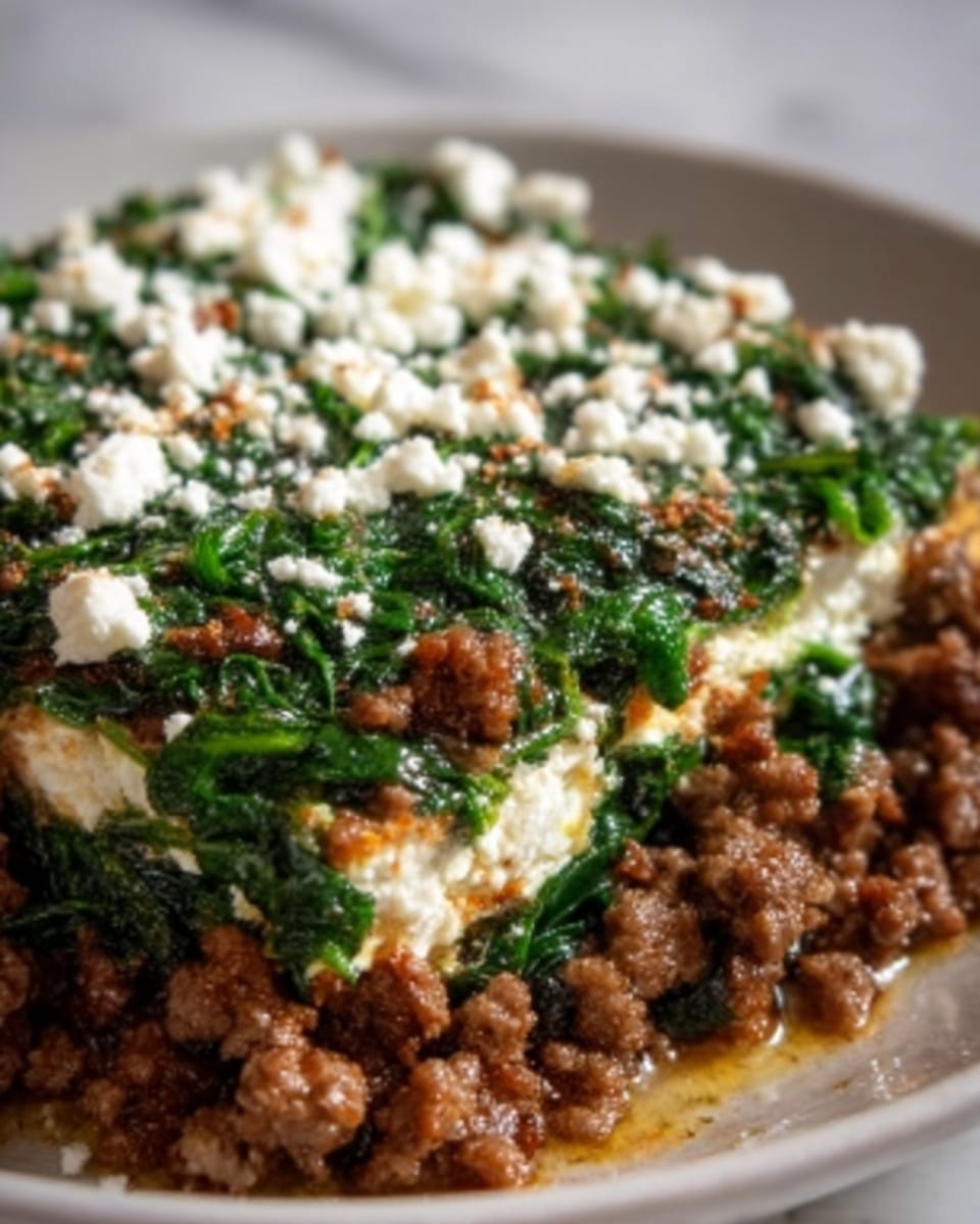 The image shows a close-up of a dish with three visible layers. The bottom layer is made of cooked brown ground meat, spread evenly. On top of this is a layer of chopped green spinach, covering most of the meat. The final top layer is sprinkled with white crumbled cheese, scattered unevenly across the dish. The colors are earthy brown, deep green, and bright white, with a clear texture difference between the soft meat, wilted spinach, and crumbly cheese. The dish sits on a white plate placed on a white marbled surface. Photo taken with an iphone --ar 4:5 --v 7