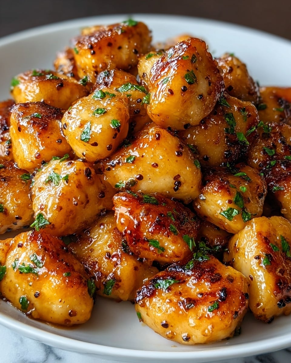 The image shows a white plate filled with bite-sized pieces of golden-brown glazed chicken, each piece slightly shiny with a sticky sauce and speckled with black pepper and herbs. The chicken pieces are piled high, showing a mix of caramelized edges and tender, juicy interiors. Green chopped parsley is scattered evenly on top, adding a fresh contrast to the warm colors of the chicken. The plate is set on a white marbled surface. photo taken with an iphone --ar 4:5 --v 7