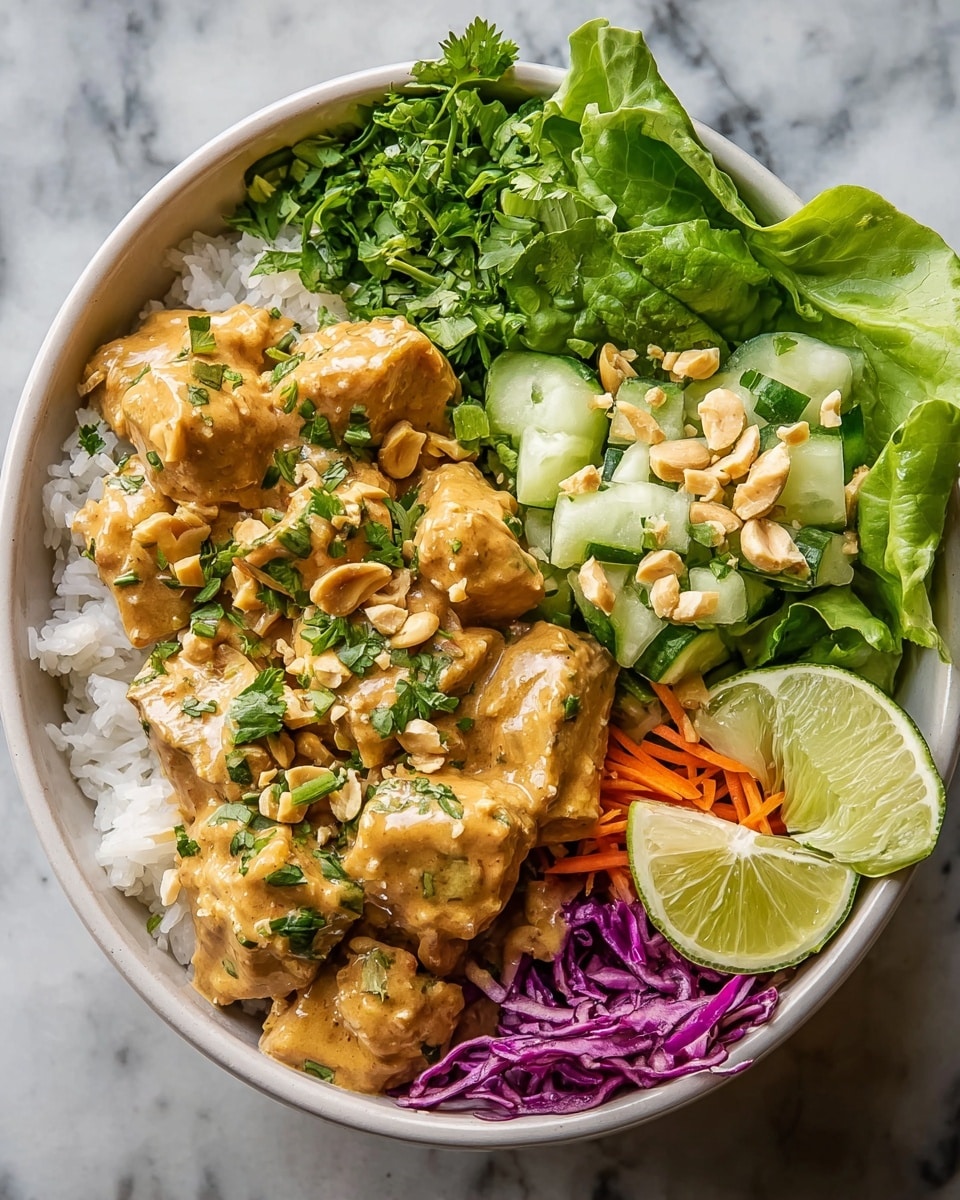 A white bowl holds a colorful layered dish starting with a base of white rice at the bottom, topped with chunks of chicken covered in a creamy orange sauce sprinkled with chopped green herbs and peanuts. Around the chicken, there are thin slices of pale green cucumber mixed with chopped cilantro, fresh bright green lettuce leaves, and a small pile of shredded purple cabbage and orange carrot strips. A lime wedge sits on the side adding a fresh touch. The bowl is placed on a white marbled surface. photo taken with an iphone --ar 4:5 --v 7