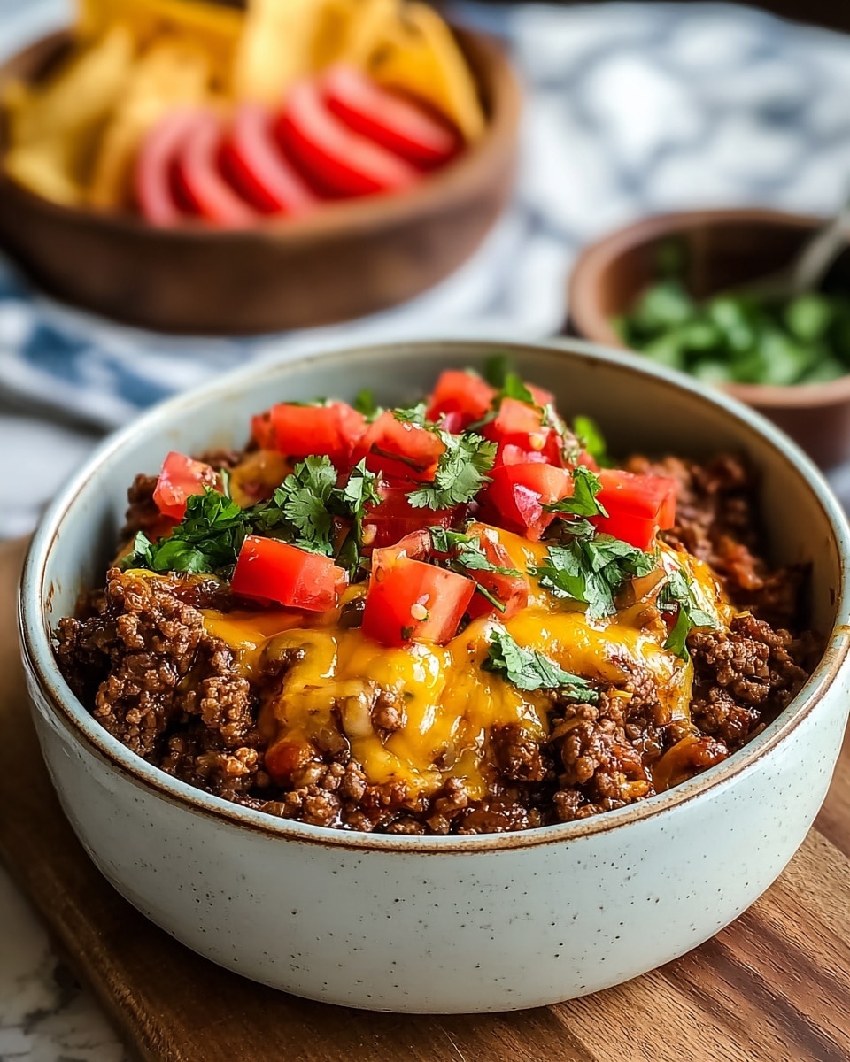 A close-up view of a bowl filled with a layered dish, starting with a base of cooked ground beef that has a rich brown color and crumbly texture, topped with melted cheddar cheese that is bright yellow-orange and creamy, scattered chunks of fresh red tomatoes, and finished with fresh green cilantro leaves sprinkled on top. In the background, there is a blurred bowl of chips and sliced tomatoes set on a wooden board, all placed on a white marbled surface. Photo taken with an iphone --ar 4:5 --v 7
