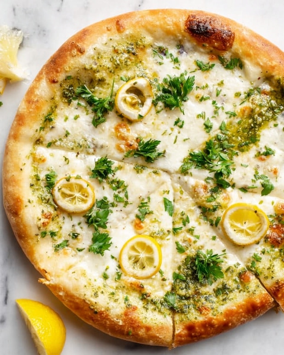 A round pizza with a thick, golden-baked crust sits on a white marbled surface. The pizza has a base layer of melted white cheese covering almost the entire surface. Scattered on top are patches of green herbs and three thin lemon slices placed evenly around the center. The cheese looks soft and slightly bubbly with a light yellow oily shine. Small flecks of black pepper are visible on the cheese. Fresh green parsley leaves are placed around the pizza on the white marbled surface. photo taken with an iphone --ar 4:5 --v 7