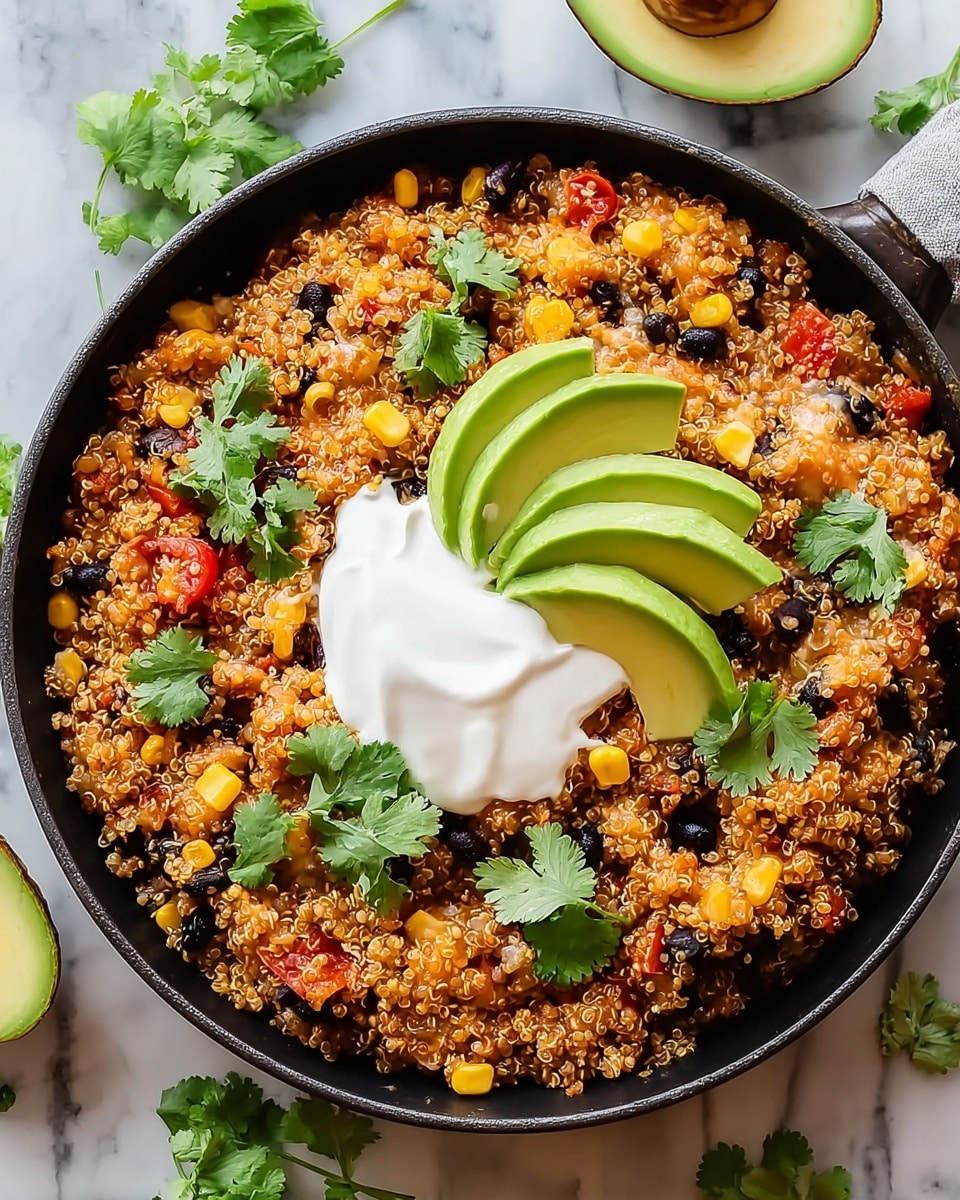 A close-up view of a black cast iron skillet filled with a colorful quinoa dish made of three main visible layers: the base layer is a mix of golden-yellow quinoa with scattered black beans and bright yellow corn kernels, along with small red bell pepper pieces; on top of this, there is a creamy white layer of sour cream spread in an irregular shape toward the center; layered above are thin, smooth slices of green avocado arranged in a fan shape on one side of the sour cream; fresh green cilantro leaves are scattered on top, adding a touch of brightness. The skillet is placed on a white marbled surface with chunks of avocado and cilantro leaves nearby. Photo taken with an iphone --ar 4:5 --v 7