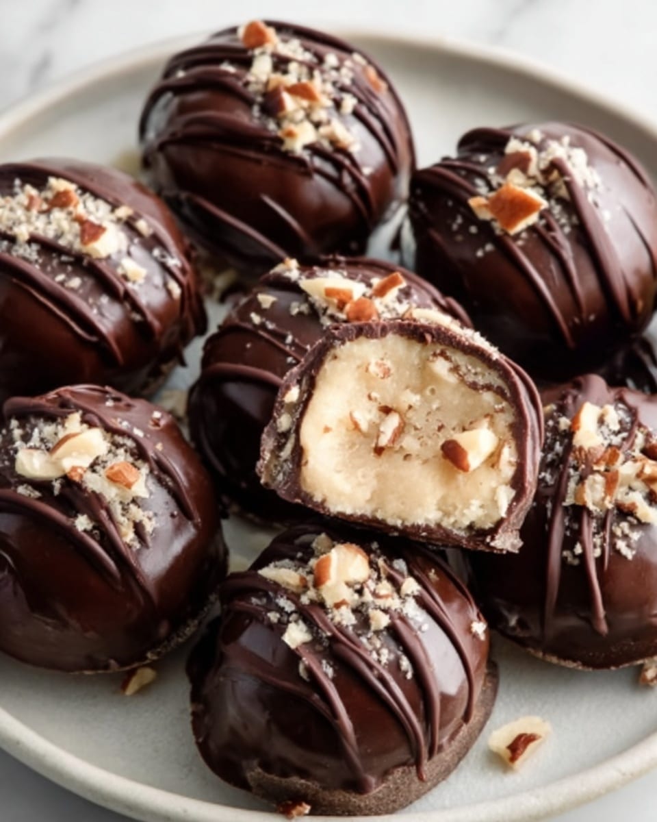 A close-up view of several round, bite-sized treats covered in smooth dark chocolate with shiny texture, arranged on a white plate. Each piece has a drizzle of darker chocolate on top, with a few small crushed nuts scattered over the chocolate layer. One piece is bitten into, showing a soft, creamy light beige interior with visible bits of nuts inside. The plate rests on a white marbled surface. Photo taken with an iphone --ar 4:5 --v 7