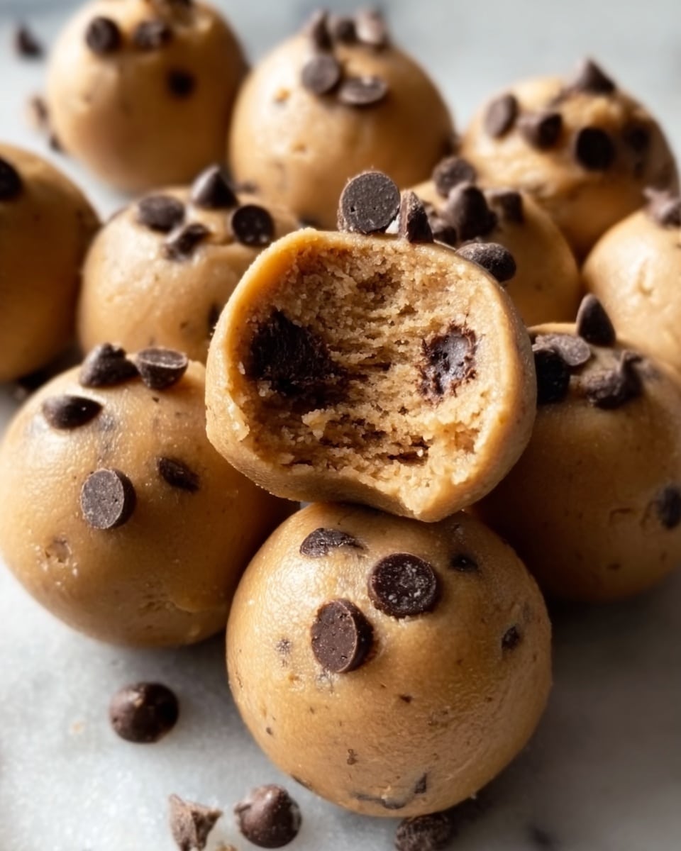 A close-up image of several round cookie dough balls, light brown in color with a slightly rough texture, arranged in a scattered manner on a white marbled surface. Each ball is topped with small dark chocolate chips that add a contrasting color and texture. One cookie dough ball near the front has a bite taken out, showing a soft, chewy inside with embedded chocolate chips. The light is soft, highlighting the dough’s smoothness and the chocolate chips' shine, with a slight shadow beneath each to give depth. Photo taken with an iphone --ar 4:5 --v 7