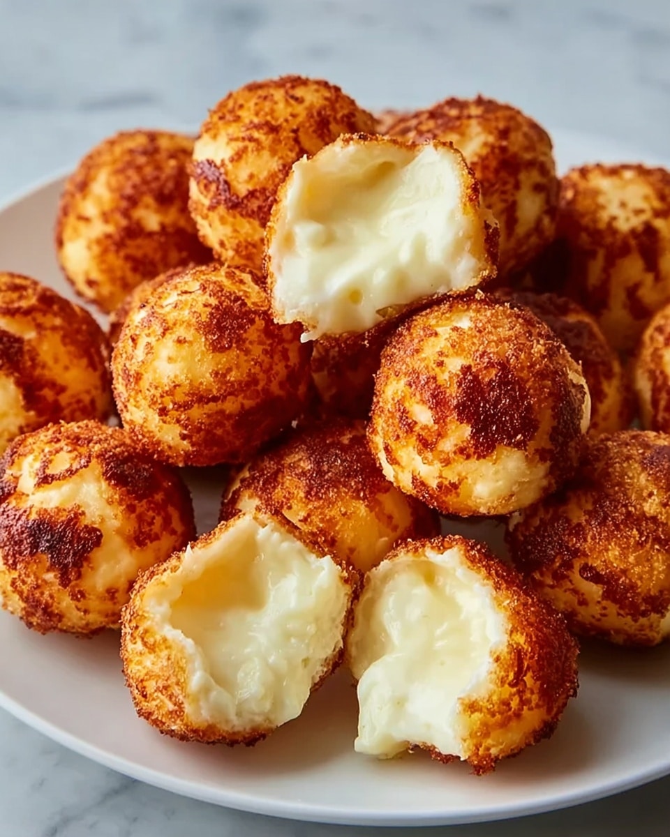 A white plate holds about 15 small, round cheese balls with a deep golden brown, crispy outer layer. The balls have a rough texture on the outside, showing spots of darker brown crispiness. Two of the cheese balls are halved and placed at the front, revealing a soft, smooth, creamy white inside that contrasts with the crunchy exterior. The plate is set on a white marbled surface with a blurred brown background. photo taken with an iphone --ar 4:5 --v 7