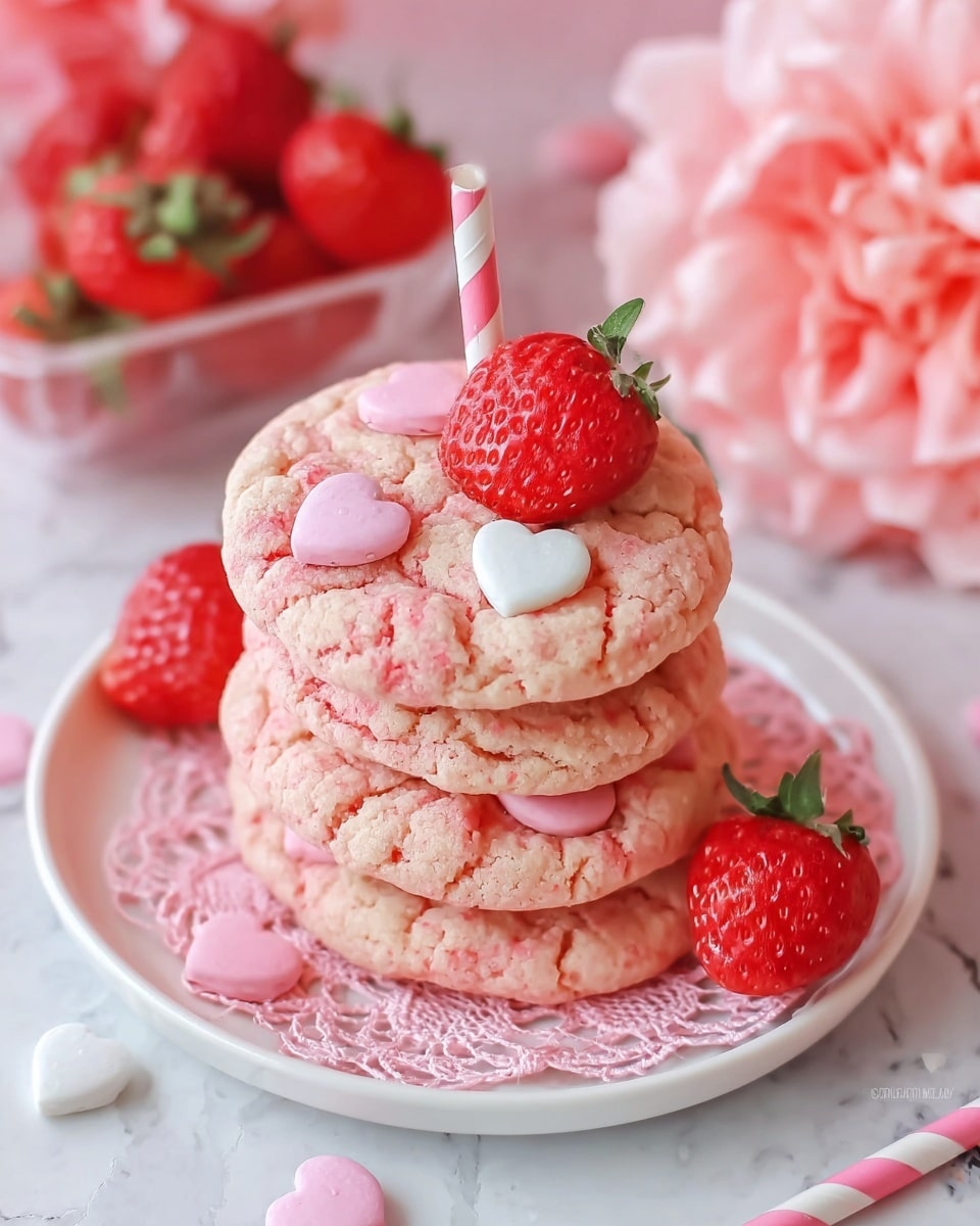 A stack of soft pink cookies sits on a white plate with a delicate pink lace doily underneath, placed on a white marbled textured surface. Each cookie is round and slightly cracked on the surface, with three small pink heart-shaped candies and one small white round candy embedded on top. Fresh red strawberries are placed on and around the stack, adding a pop of bright red color. A pink and white striped straw is stuck into the top cookie. In the background, there are more strawberries and a large soft pink flower blurred out. photo taken with an iphone --ar 4:5 --v 7