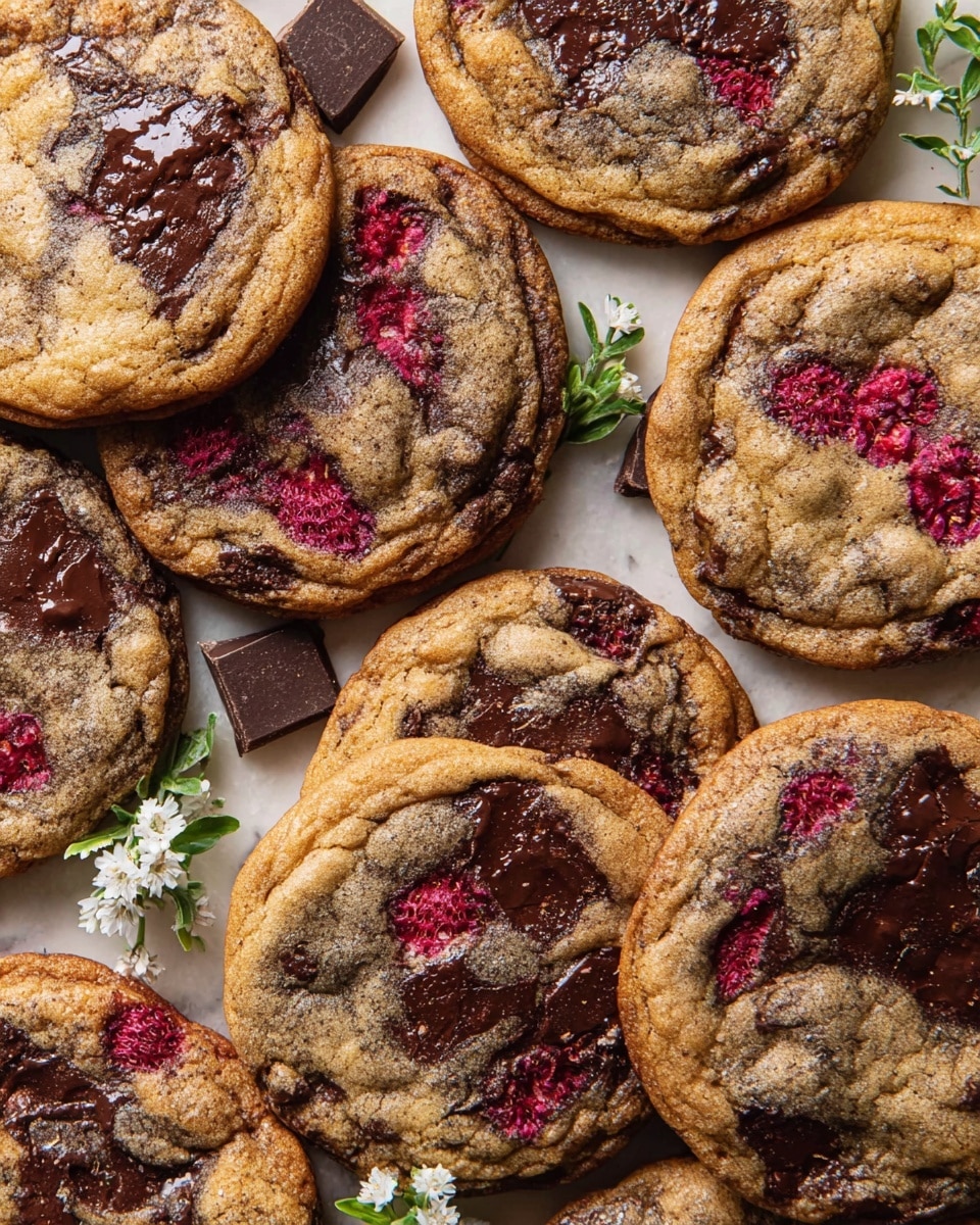 The image shows a close-up view of several round cookies laid out on a white marbled surface. Each cookie has a golden-brown, slightly cracked outer crust with visible pockets of melted dark chocolate that create shiny, deep brown spots. Bright red raspberry pieces are scattered unevenly across the cookies, adding vibrant color and texture. Some dark chocolate chunks are placed around the cookies, alongside a few small white flowers with green stems, enhancing the natural feel of the scene. The cookies are arranged in a casual overlapping manner, showing their soft and chewy texture clearly. photo taken with an iphone --ar 4:5 --v 7