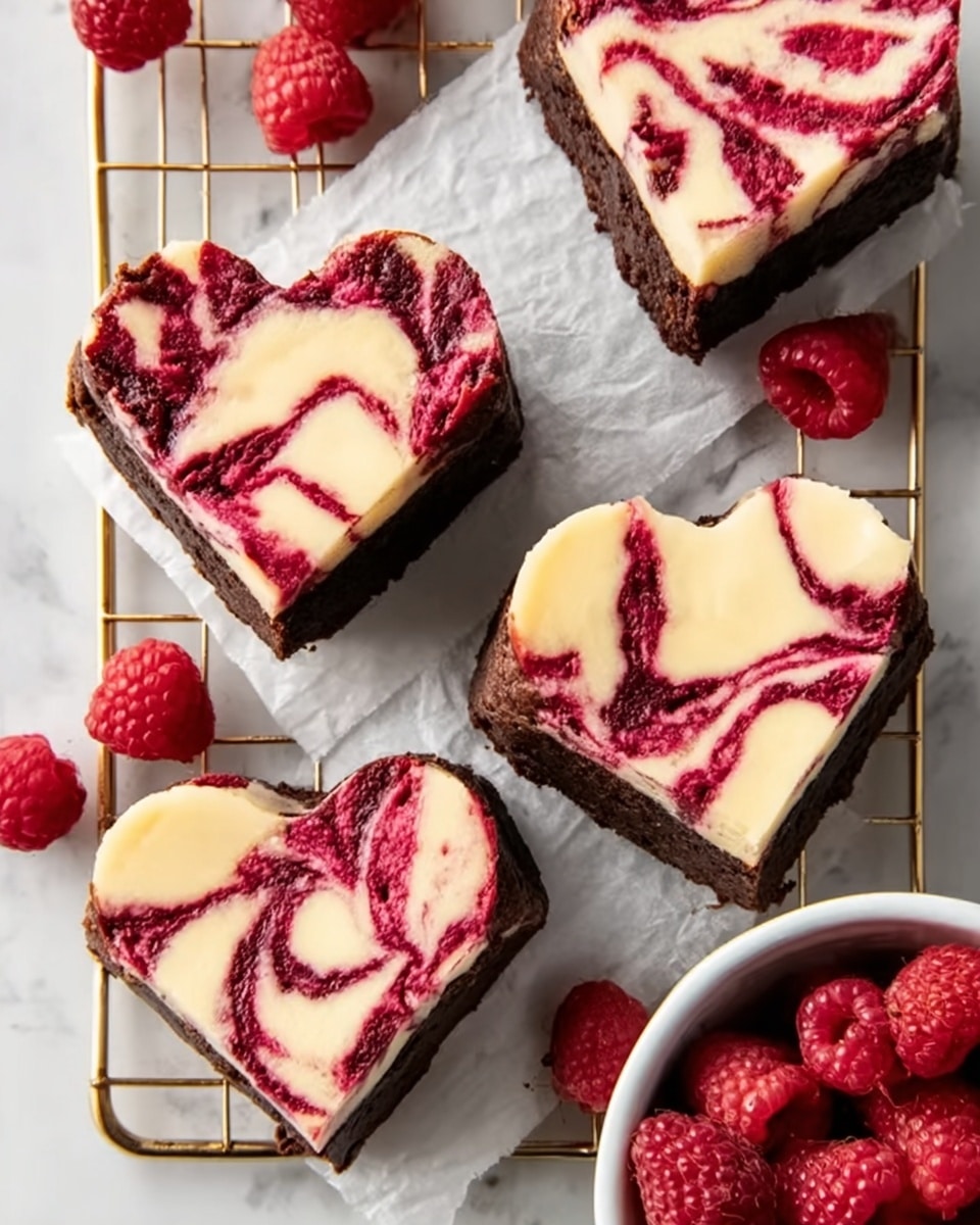 Four heart-shaped brownies are shown on a white marbled surface, placed on a gold wire cooling rack covered with white parchment paper. Each brownie has two visible layers: a bottom dark brown chocolate base with a smooth texture, and a top creamy layer in light beige mixed with bright red raspberry swirls creating a marbled pattern. Fresh red raspberries are scattered around the brownies, adding a pop of color and freshness. A white bowl filled with more raspberries is partially visible at the bottom right corner. Photo taken with an iphone --ar 4:5 --v 7