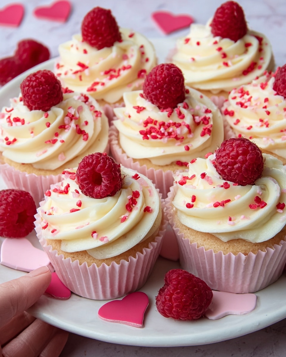The image shows six pink cupcake liners filled with light golden cupcakes topped with thick white cream swirled in large peaks. Each cupcake is decorated with a single bright red raspberry sitting on top of the cream, along with small pieces of pink sprinkles scattered over the cream. The cupcakes are placed closely together on a white plate with small pink heart patterns. Around the plate are a few more fresh raspberries. The background surface is a white marbled texture. The lighting is soft and natural, highlighting the creamy texture and bright colors. Photo taken with an iphone --ar 4:5 --v 7