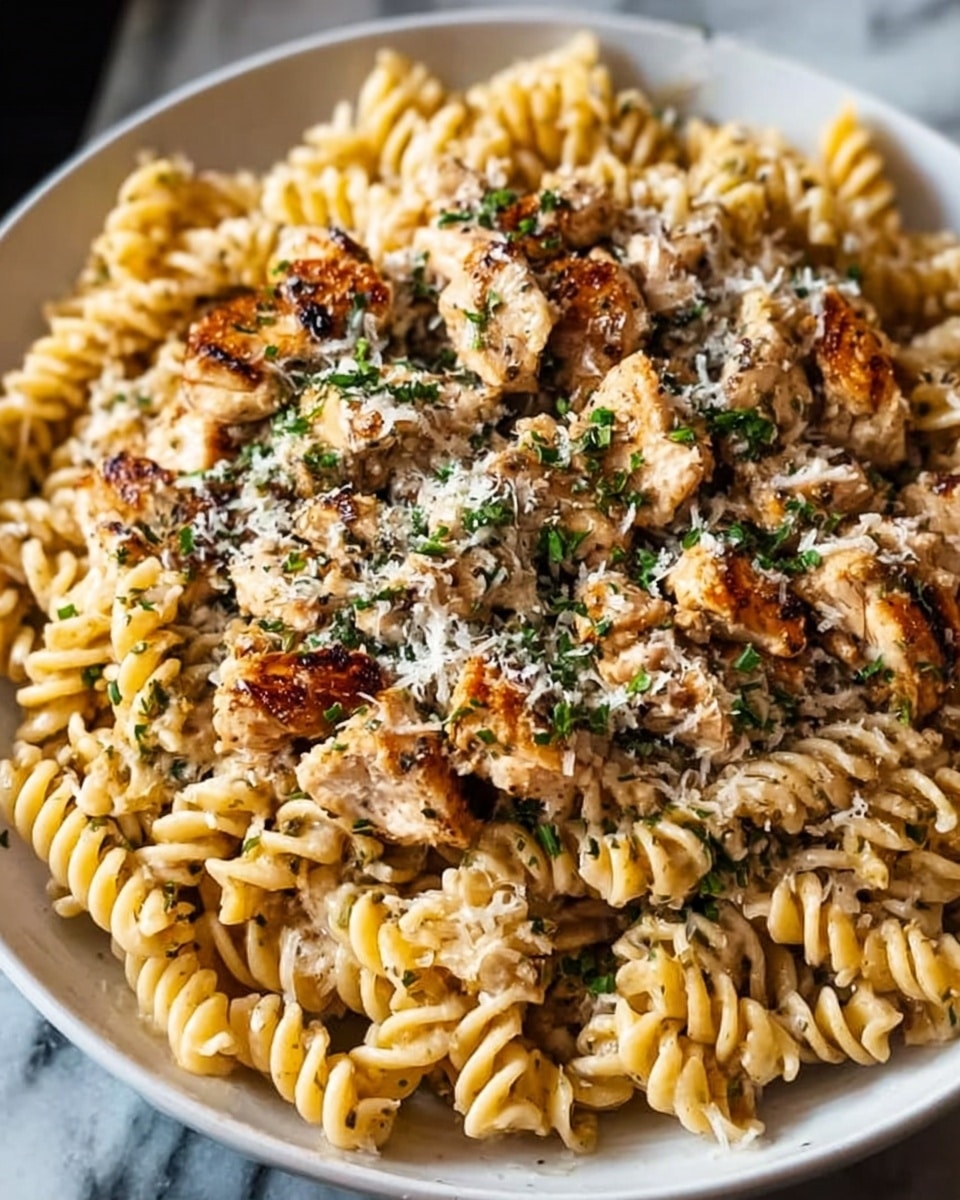 A close-up image of a dish with three layers: the bottom layer is a large white plate filled with twisted rotini pasta, light golden in color and glossy from sauce; the middle layer shows pieces of grilled chicken, cut into medium chunks with browned, slightly crispy edges spread evenly over the pasta; the top layer is sprinkled with finely grated white cheese and small green herb bits scattered across the chicken and pasta, adding texture and color contrast. The background is a white marbled surface. Photo taken with an iphone --ar 4:5 --v 7