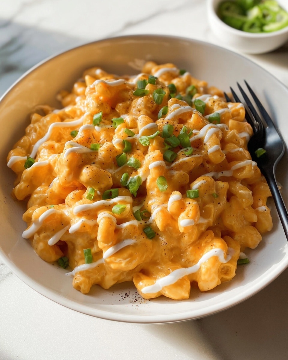 A white bowl filled with creamy macaroni covered in a thick, smooth, orange cheese sauce. On top, there are thin white cream drizzles and sprinkled chopped green onions adding color contrast. A black fork rests on the edge of the bowl. The dish is set on a white marbled surface with a small white bowl of green onions blurred in the background. The lighting highlights the glossy texture of the sauce and the freshness of the toppings. photo taken with an iphone --ar 4:5 --v 7