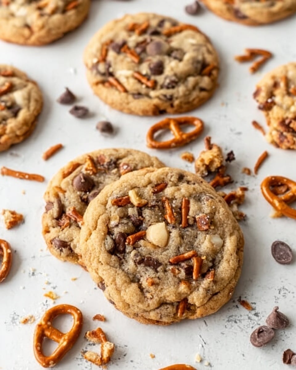 The image shows several soft, round cookies with a golden-brown base color and a slightly cracked surface, each topped with scattered small chocolate chips and broken pretzel pieces. The cookies are placed on a white marbled surface with some crumbs and loose chocolate chips and pretzel pieces around them, adding a casual and inviting feel. A few cookies are whole, while others are broken into smaller pieces, revealing a chewy texture inside. The overall scene is bright and warm, focusing on the crunchy and chocolatey elements of the cookies. photo taken with an iphone --ar 4:5 --v 7