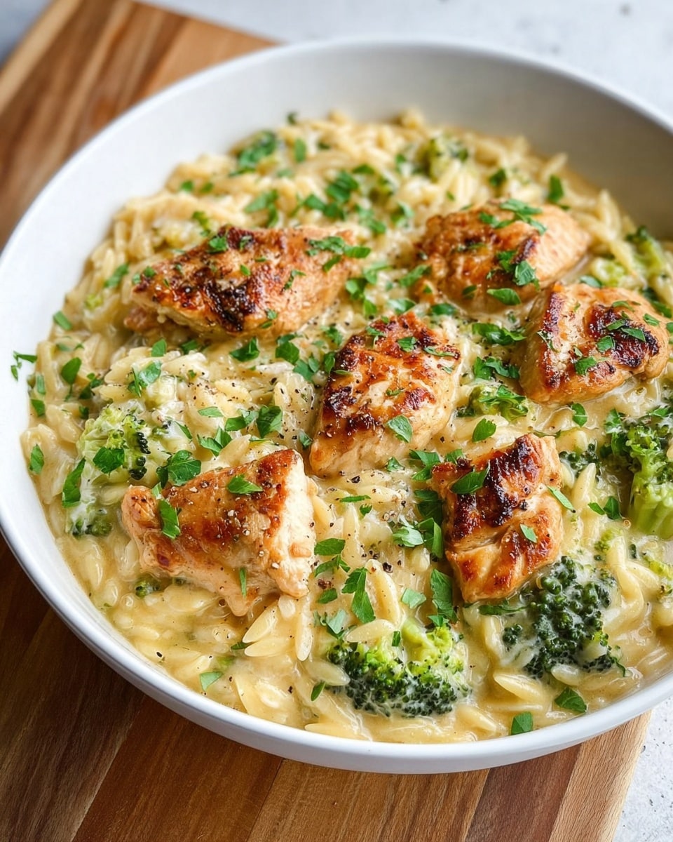 In a white bowl on a white marbled surface, there is a creamy orzo pasta base visible, light yellow in color with a smooth texture, mixed with bright green broccoli florets scattered evenly throughout. On top, six pieces of golden-brown, seared chicken medallions with a crispy, slightly charred exterior are arranged in a loose circle, each piece showing textured grill marks. Finely chopped fresh green herbs are sprinkled over the dish, adding a touch of color contrast. The overall look is rich and inviting with warm, earthy tones. photo taken with an iphone --ar 4:5 --v 7