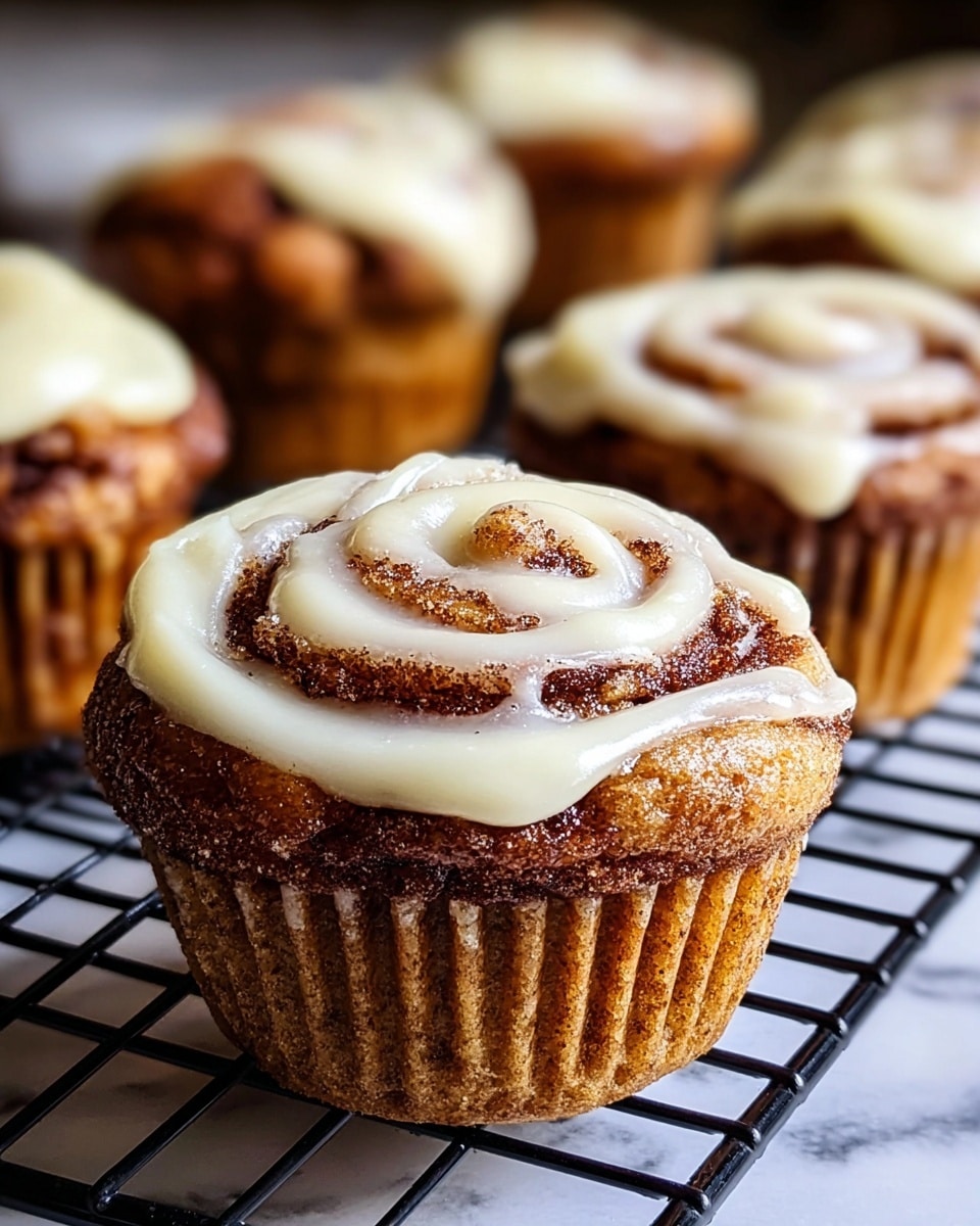 The image shows a close-up of a cinnamon roll muffin with three visible layers: the bottom layer is golden brown muffin dough with dark cinnamon swirls, the middle layer is soft with a rough cinnamon-sugar texture, and the top layer is creamy white icing spread in a spiral shape that follows the roll’s form, slightly melting over the edges. In the background, several more muffins with the same shape and icing are slightly out of focus, sitting on a black cooling rack. The whole scene is set on a white marbled surface. photo taken with an iphone --ar 4:5 --v 7