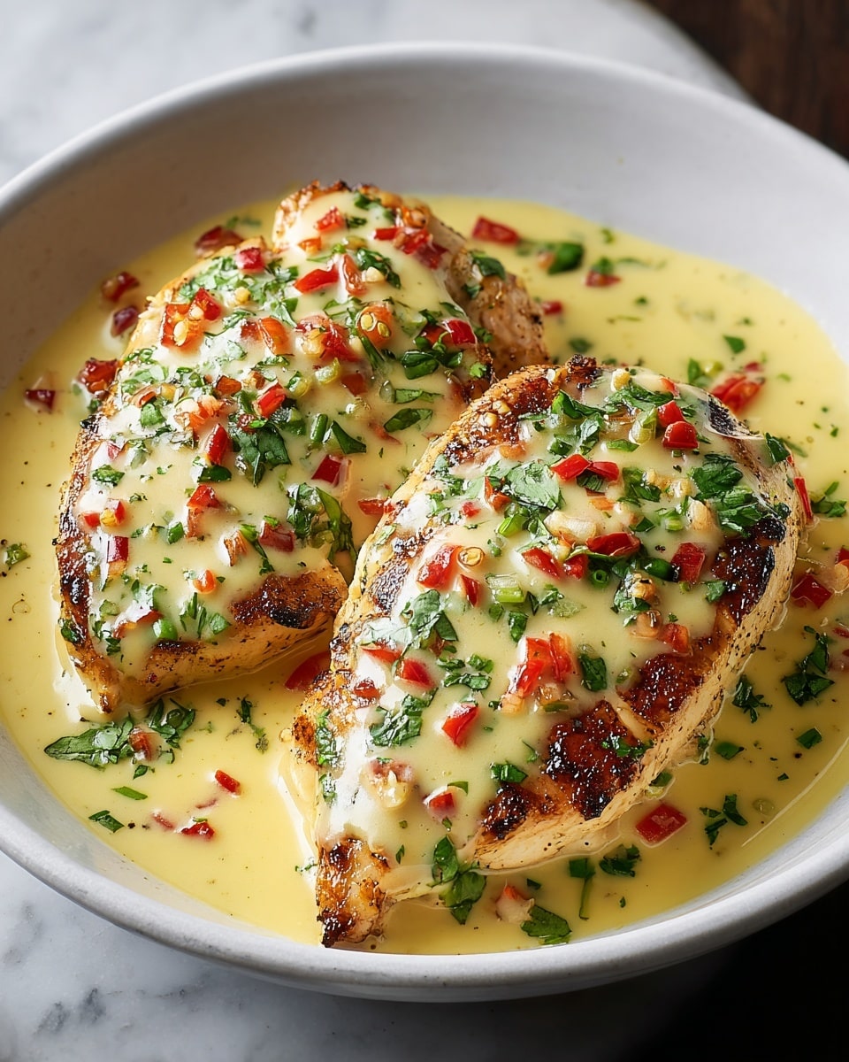 Two grilled chicken breasts sit in a white bowl, each piece showing charred grill marks and a golden-brown color. They are topped with a creamy yellow sauce that drips over the sides, sprinkled with finely chopped fresh green herbs and small red pepper pieces. The surface under the bowl is a white marbled texture, and a lime is blurred in the background. The overall look is fresh and vibrant with a mix of creamy and textured elements. photo taken with an iphone --ar 4:5 --v 7