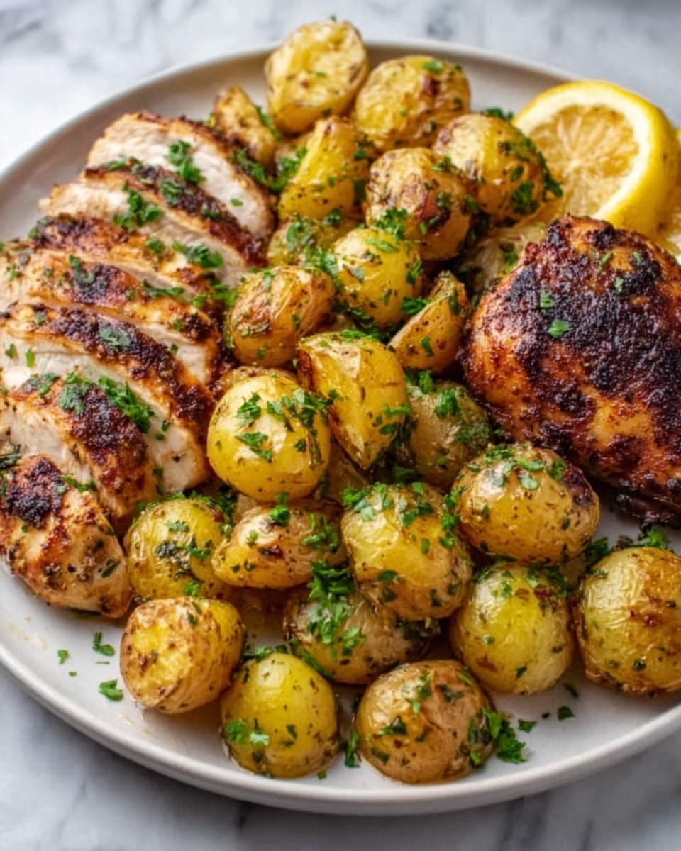 A white plate sits on a white marbled surface, filled with a meal consisting of golden roasted baby potatoes scattered across the plate, sprinkled with fresh green chopped herbs. On one side of the plate, there is a portion of grilled chicken breast, sliced into thick pieces showing a juicy white inside with a slightly charred golden-brown outside. Next to that, a whole grilled chicken thigh with a dark crispy skin is placed, its textured surface showing hints of spices. A few thin lemon slices rest near the potatoes, adding a touch of yellow and freshness to the dish, while the vibrant green herbs contrast with the warm tones of the food. photo taken with an iphone --ar 4:5 --v 7