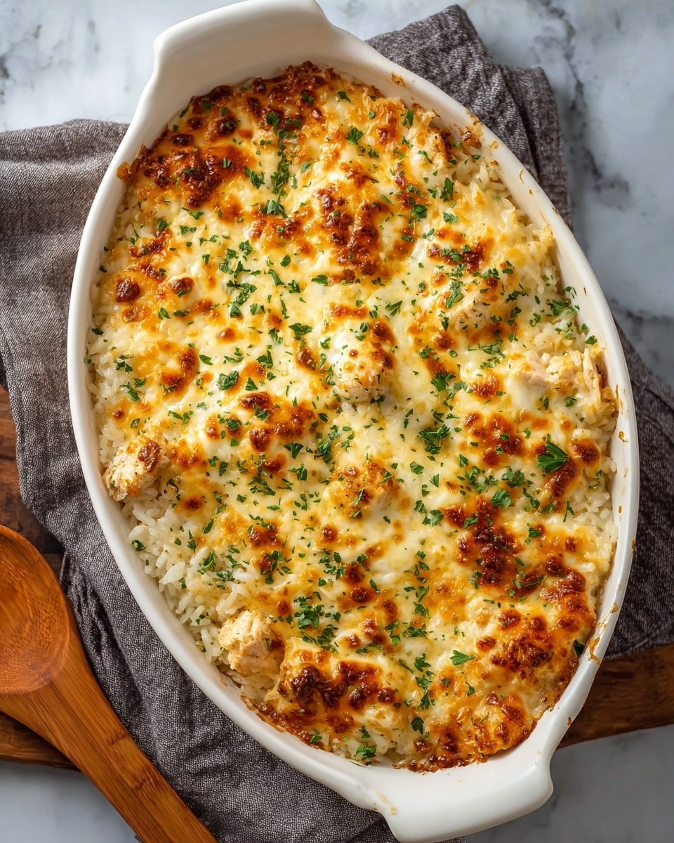 A white ceramic baking dish filled with a creamy rice casserole topped with a golden, bubbly layer of melted cheese that has browned in spots. The casserole has visible chunks of white chicken mixed throughout the rice, which is soft and slightly creamy. Small green herbs are sprinkled evenly over the top, adding a fresh contrast to the melted cheese. The baking dish is set on a light gray cloth, and the background shows a white marbled texture with a wooden spoon to the side. The overall look is warm, cheesy, and comforting. photo taken with an iphone --ar 4:5 --v 7