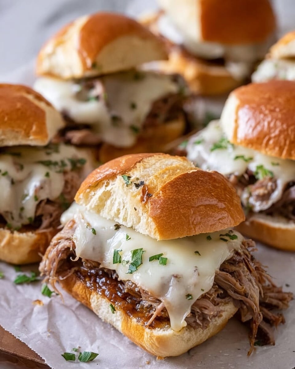 The image shows several small sandwiches stacked with three layers each: a golden brown toasted bun top with a shiny surface, a middle layer of melted white cheese with some small brown spots, and a bottom layer of shredded, tender pulled meat in a dark brown color. Small green herb pieces are sprinkled on top for garnish. The sandwiches are placed closely together on a sheet of light parchment, set on a white marbled texture surface. The photo was taken with an iphone --ar 4:5 --v 7