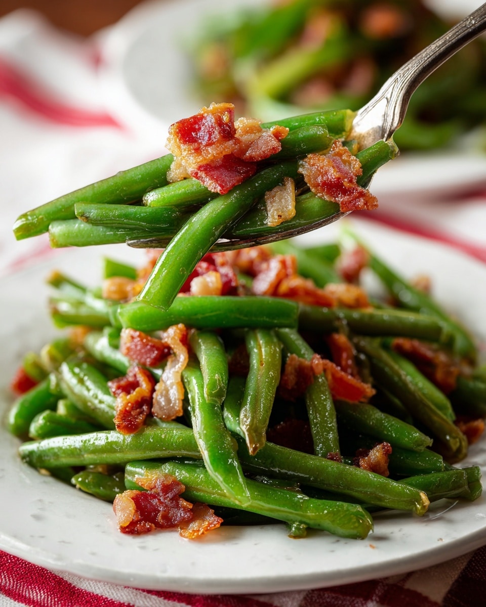 A white plate filled with two main layers, the bottom layer is a pile of shiny, cooked green beans with a smooth texture, and scattered throughout the green beans are small pieces of crispy, slightly greasy bacon with reddish-brown and golden hues. Above the plate, a fork lifts a small bite-sized portion of green beans and bacon, showing the glistening surface of the green beans and the browned edges of the bacon. The setting has a blurred background with a warm and inviting atmosphere sitting on a white marbled texture. photo taken with an iphone --ar 4:5 --v 7