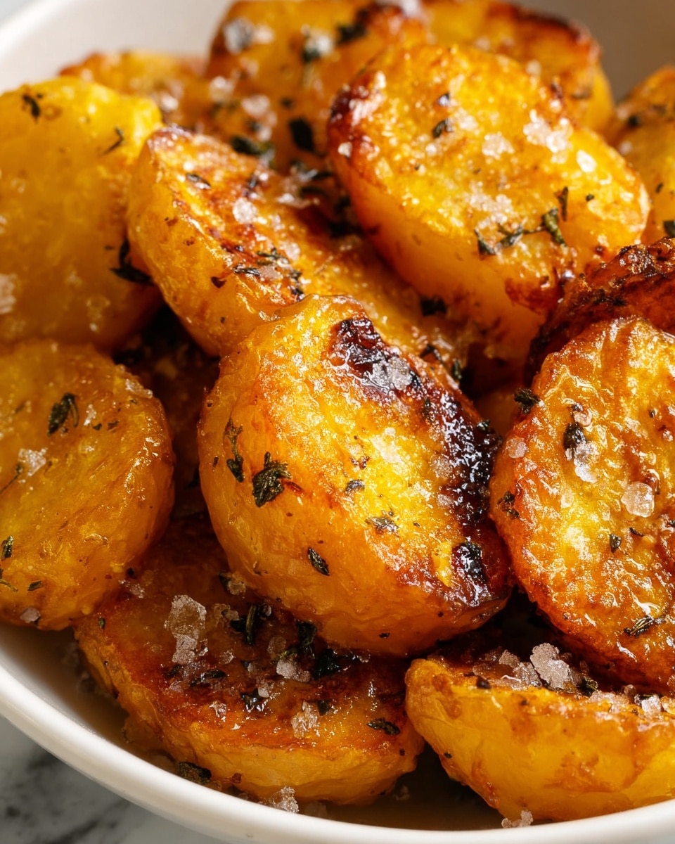 A close-up view of golden roasted potato wedges stacked in a white bowl, each piece showing a crispy outer layer with a mix of light golden yellow and darker browned spots, some with small black char marks. The potatoes are sprinkled with coarse white sea salt crystals, adding a slightly rough texture. The bowl is set against a white marbled surface, highlighting the warm tones of the potatoes. photo taken with an iphone --ar 4:5 --v 7
