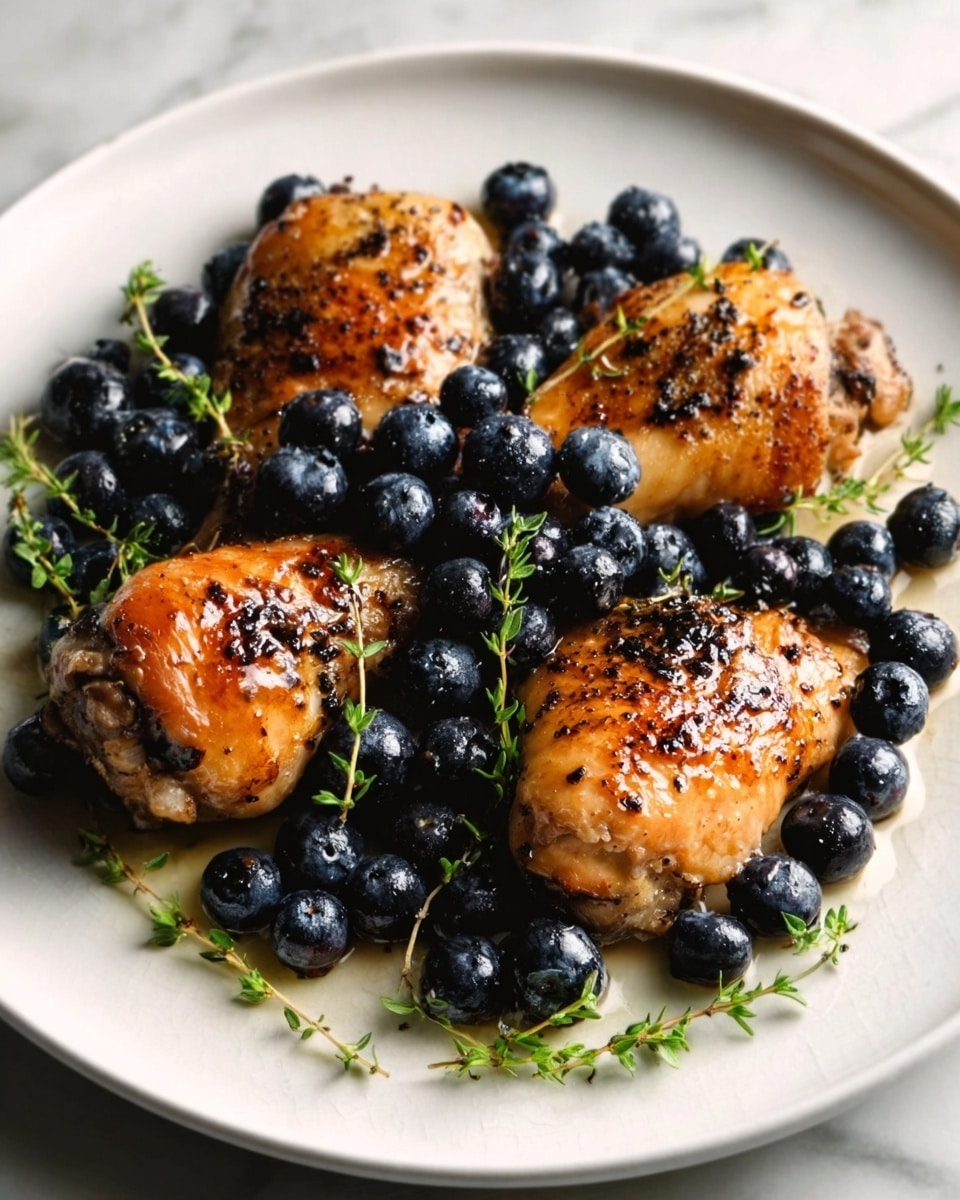 The image shows a white plate with three golden-brown chicken pieces, each covered in a crispy, seasoned skin with visible herbs and pepper specks. Around the chicken pieces, there is a thick layer of fresh dark blue blueberries, some scattered on and under the chicken, adding a shiny, juicy texture. A few sprigs of fresh green thyme sit on top of the chicken, giving a touch of color contrast. The white marbled surface beneath the plate adds brightness to the setting. photo taken with an iphone --ar 4:5 --v 7