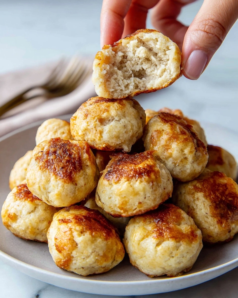 A close-up view of a stack of small, round baked dumplings with uneven, golden-brown, slightly crispy tops and light, fluffy interiors with a soft texture. One dumpling is held above the others by a woman's hand, showing its open inside that looks airy and moist, with a pale beige color and small brownish spots. The dumplings are on a white plate placed on a white marbled surface. A silver fork is placed slightly in the background, partially visible next to the plate. Photo taken with an iphone --ar 4:5 --v 7