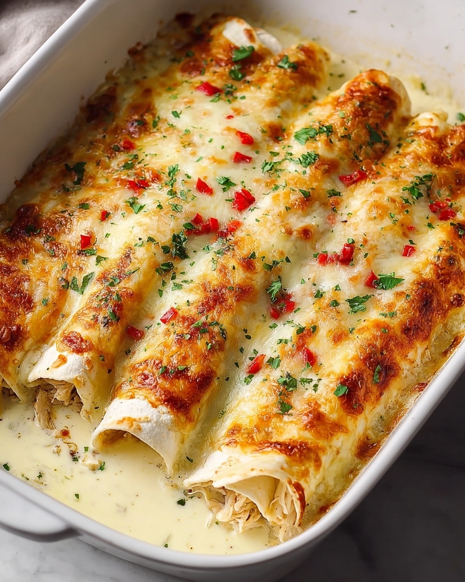 The image shows a white baking dish with four rolled enchiladas side by side. Each enchilada has a light golden-brown, slightly crispy top layer of melted cheese, dotted with small red pepper pieces and green herb sprinkles. The edges of the tortillas have a toasted look with browned spots while the interior reveals shredded chicken in a creamy sauce. The dish sits on a white marbled surface with part of a dark cloth visible nearby. The sauce pools gently around the enchiladas, adding a shiny and creamy texture. photo taken with an iphone --ar 4:5 --v 7