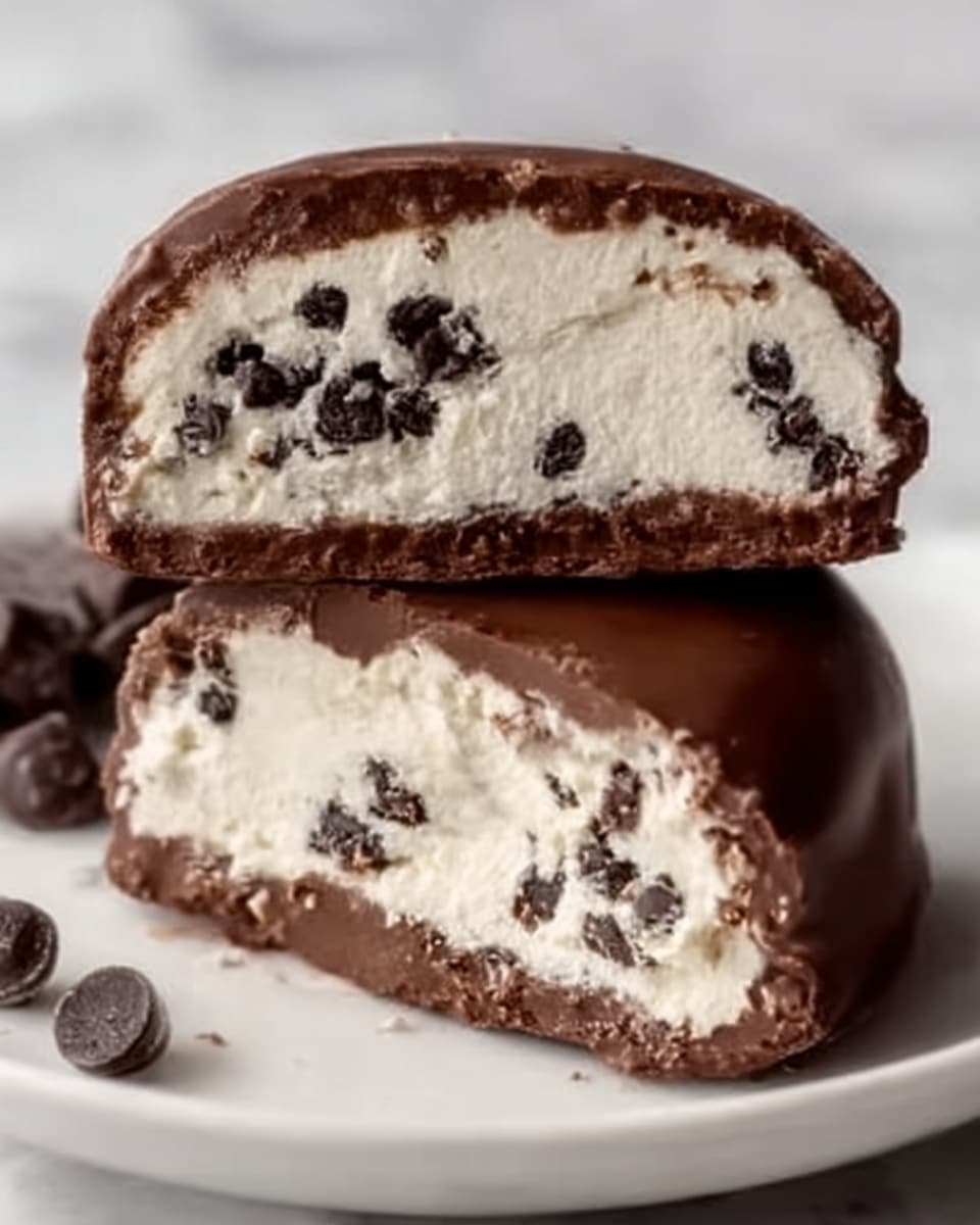 A close-up image shows a dessert cut in half, revealing two layers inside a smooth brown chocolate shell. The outer shell is solid and shiny, forming a thick layer around the dessert. Inside, the top and bottom layers are creamy white with small dark pieces mixed throughout, looking soft and fluffy, with a slightly grainy texture. The two halves rest on a white plate that sits on a white marbled surface. Photo taken with an iphone --ar 4:5 --v 7