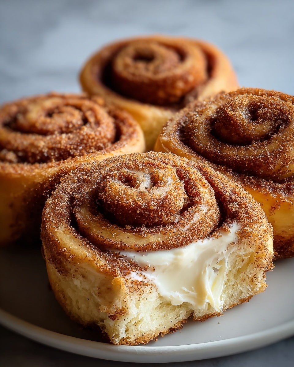 The image shows four cinnamon rolls on a white plate with a white marbled background. The rolls have three visible layers: the outer layer is golden brown dough covered in cinnamon sugar crystals giving a crunchy texture, the middle layer is a softer light yellow dough, and the inner layer is creamy white frosting tucked inside the spiral. The rolls look soft with a slightly crispy top due to the sugar. One cinnamon roll in the front is cut open to show the thick creamy filling inside. Photo taken with an iphone --ar 4:5 --v 7
