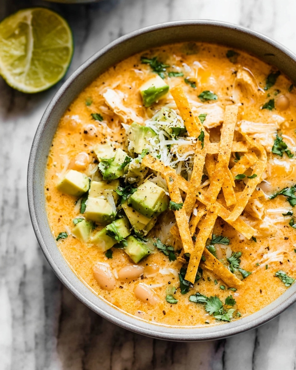 A bowl filled with creamy, orange-colored soup that has visible chunks of white beans and shredded chicken inside, topped with small cubes of green avocado, thin yellow tortilla strips, shredded light yellow cheese, and sprinkled with chopped green cilantro and black pepper. The soup is served in a white bowl, placed on a white marbled surface with two halves of a green lime nearby. photo taken with an iphone --ar 4:5 --v 7