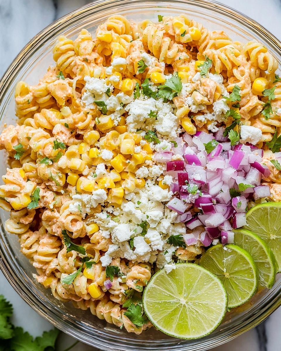 This image shows a close-up of a pasta salad in a clear bowl, set on a white marbled surface. The salad has three main layers: the base is curly pasta in a light orange sauce, mixed with corn kernels that add yellow color and small green herbs. The middle layer has a topping of finely chopped red onions and crumbled white cheese scattered across the dish. On top, fresh cilantro leaves add a bright green color and freshness. Around the edge of the bowl are slices of bright green lime, giving a fresh and zesty look. The textures range from smooth creamy pasta to crunchy onions and crumbled cheese with fresh herb leaves adding dimension to the dish. Photo taken with an iphone --ar 4:5 --v 7