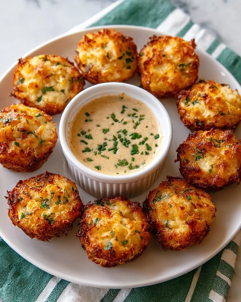 The image shows a white plate on a white marbled surface, holding eight small golden-brown crispy tater tots shaped like mini muffins with a crunchy texture and bits of white potato visible inside. Next to the tater tots is a small white bowl filled with a creamy beige sauce, speckled with green herbs, giving it a fresh look. The plate rests on a striped green and white cloth, adding a soft touch to the scene. photo taken with an iphone --ar 4:5 --v 7