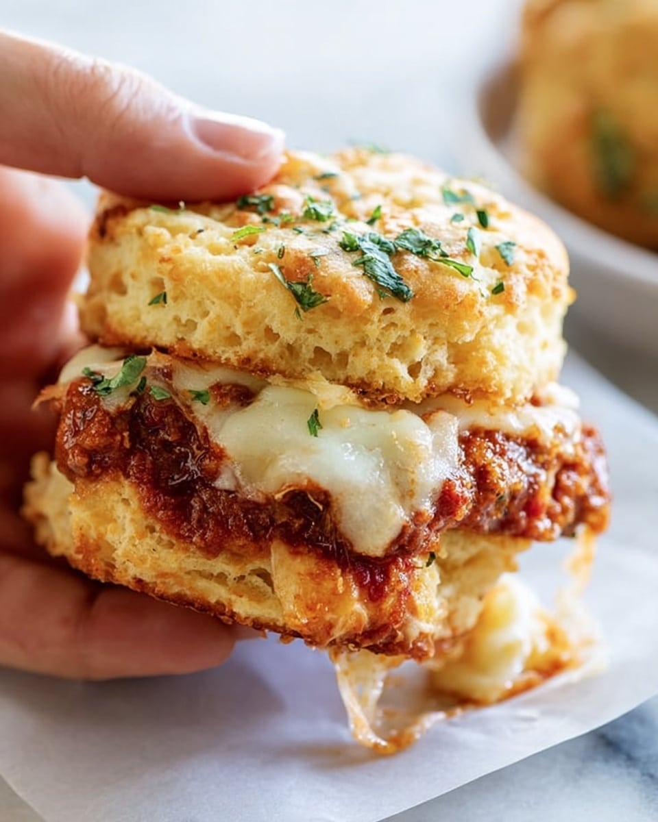 A close-up image shows a small sandwich held by a woman's hand, featuring three layers: the top layer is a golden-brown biscuit with bits of green herbs, looking soft and slightly shiny; the middle layer has melted white cheese that drapes over a thick, well-cooked brown meat patty with a slightly rough texture, and some red sauce underneath the cheese is peeking out; the bottom layer is another biscuit, lightly toasted and holding the filling firmly. The sandwich is placed on white parchment paper, all set on a white marbled surface. photo taken with an iphone --ar 4:5 --v 7